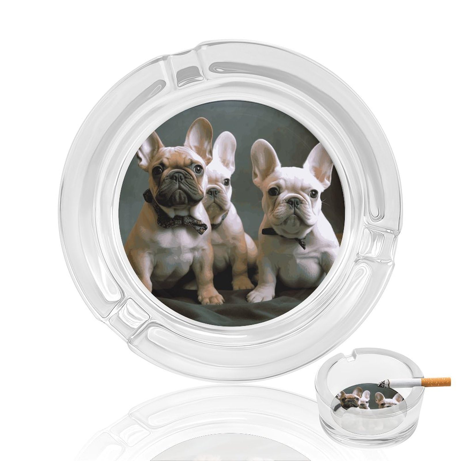 French Bulldog Puppies Glass Ashtray for Cigarette,Cigarette Ashtray for Indoor Or Outdoor Use,Cigar ash trays case with 3 Notches-Glass Decor Gift for Men Smokers