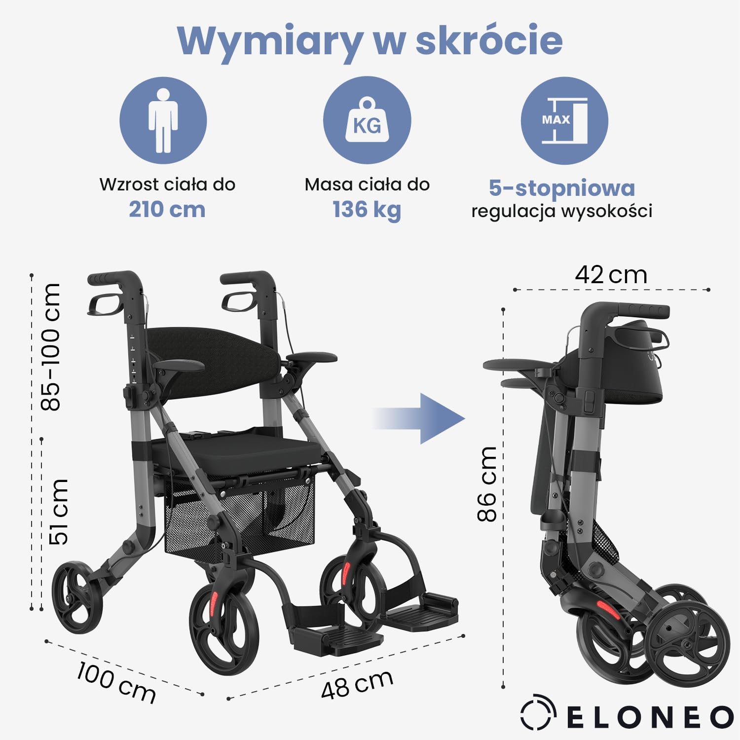 ELONEO 2 w 1 Wózek inwalidzki i balkonik rehabilitacyjny składany i lekki z siedziskiem, terenowy rollator wózek inwalidzki składany lekki na każdy teren, wózek transportowy, szary