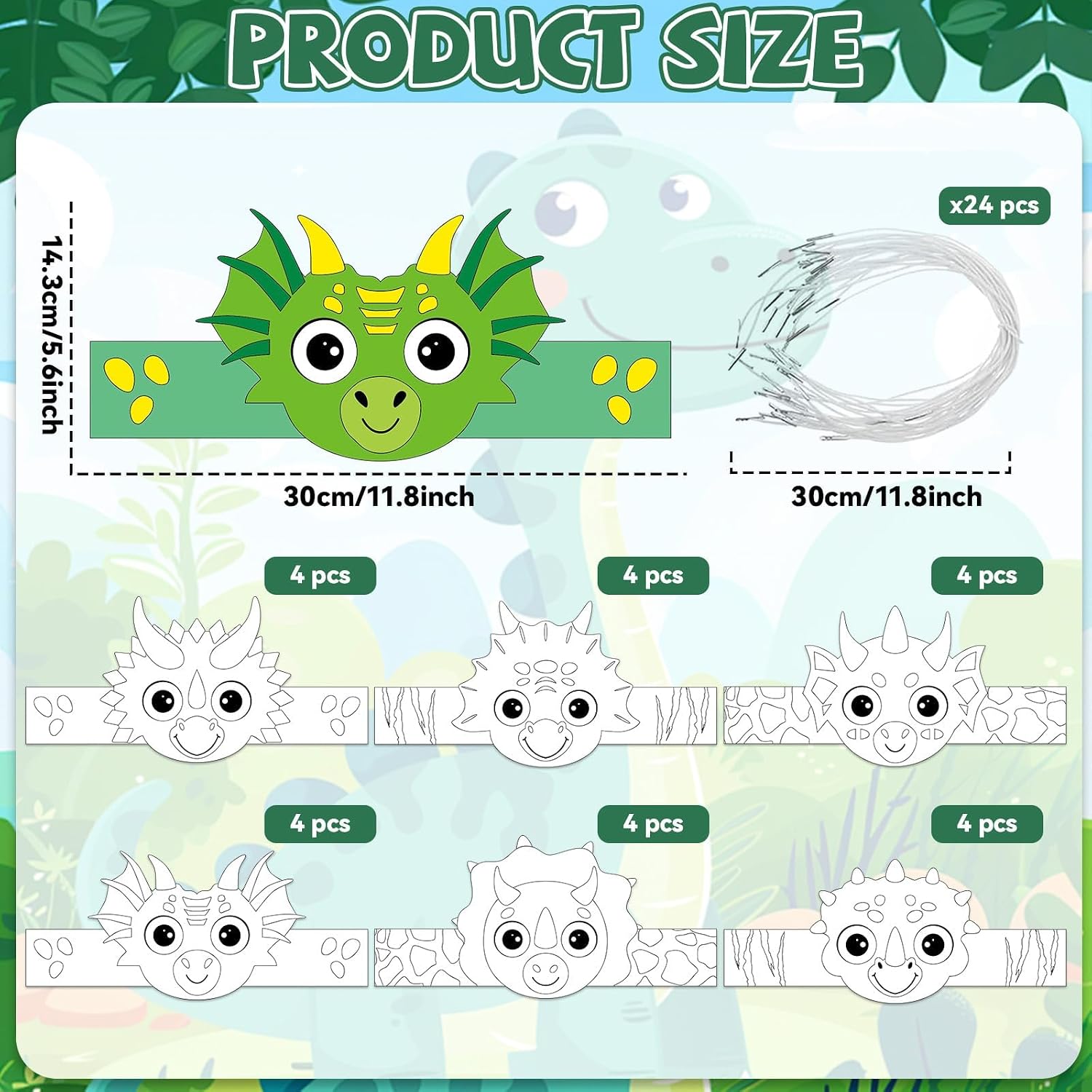 Qyeahkj 24 Pcs Color Your Own Dinosaur Party Hats DIY Coloring Headband Craft Kits Dinosaur Theme Paper Headband Crown Adjustable Birthday Crowns Hats Craft Sets for Birthday Gifts for Favors