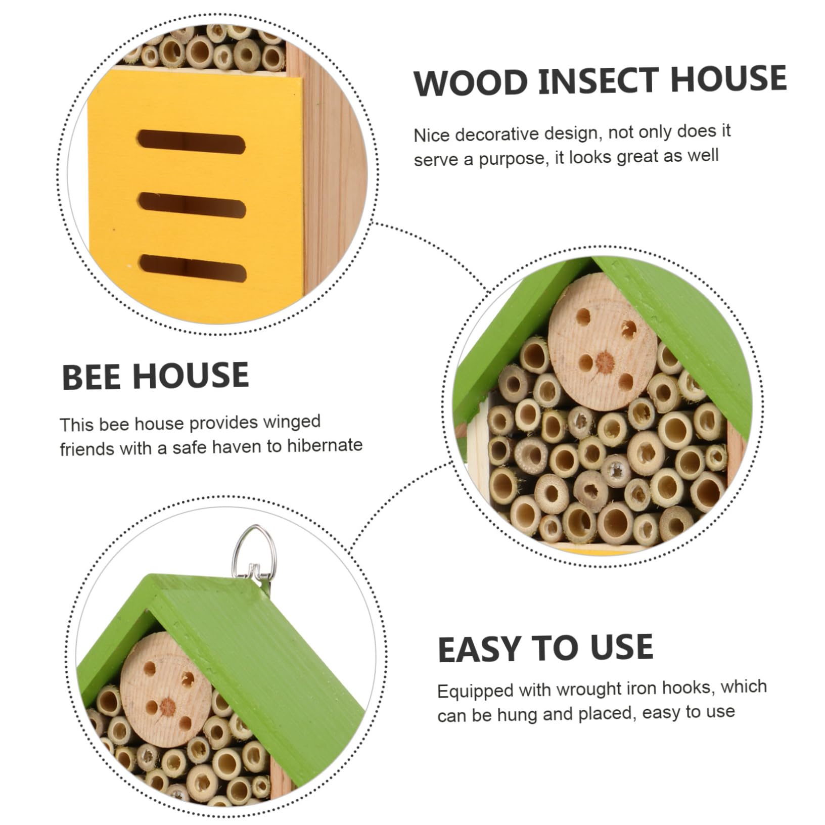 Yardwe Holz Bienenhaus für Garten Dekoratives Insektenhaus und Eisen Fertig Montiert mit Haken zur Aufhängung