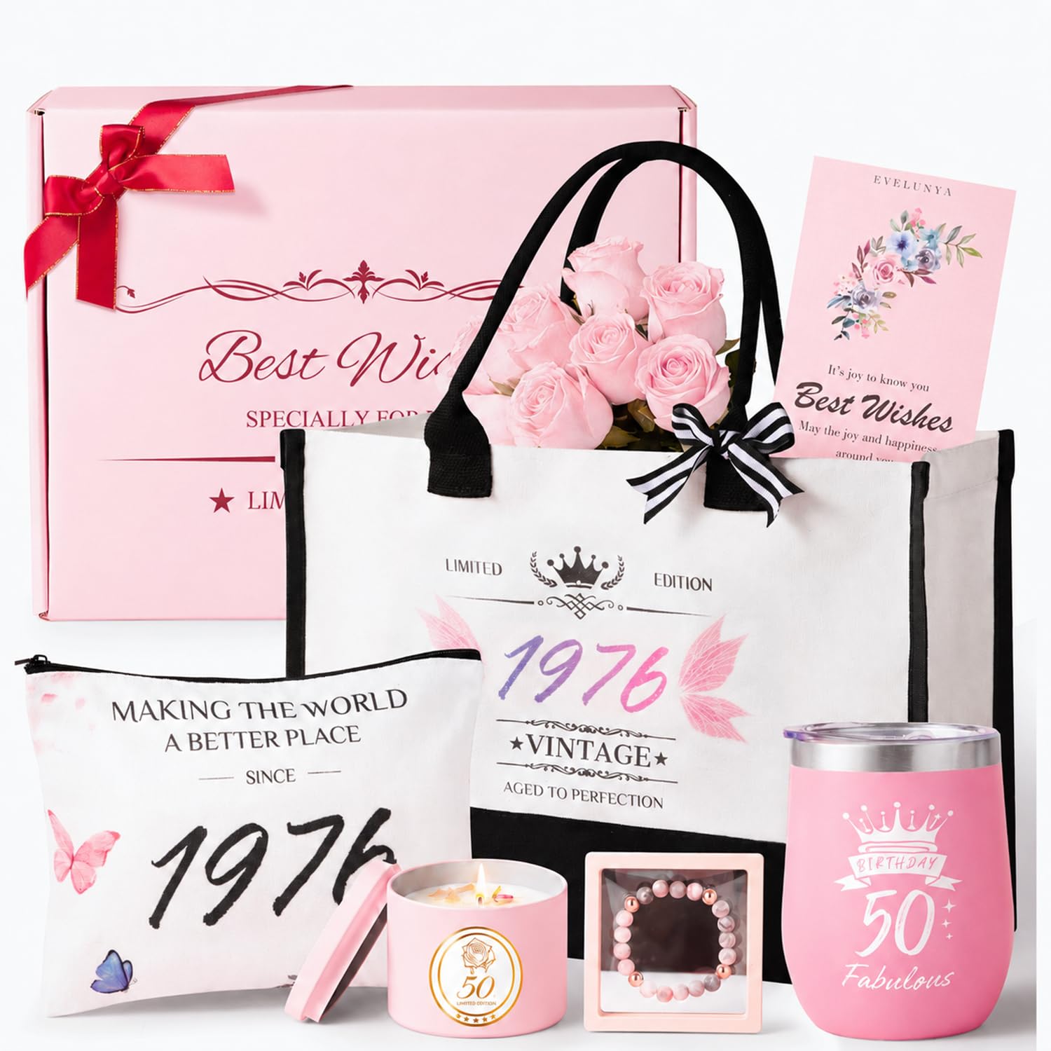 Evelunya 60 Geburtstag Frauen, Tote-Bag-Geschenkset, Duftkerze mit echten Blüten, Exklusives Geschenkset, Besondere Geschenkideen, Verwöhn-Geschenk für Frauen, Limitierte Auflage 1966