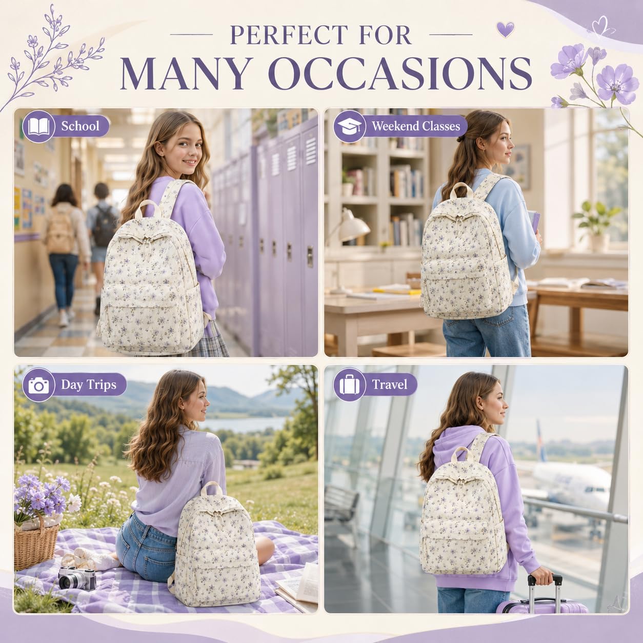 BTOOP Schulrucksack für Teenager, groß, aus Kord, Büchertasche, leicht, für Mädchen und Jungen, leger, High School College Rucksäcke, Grace Purple Flower, Medium, Tagesrucksäcke
