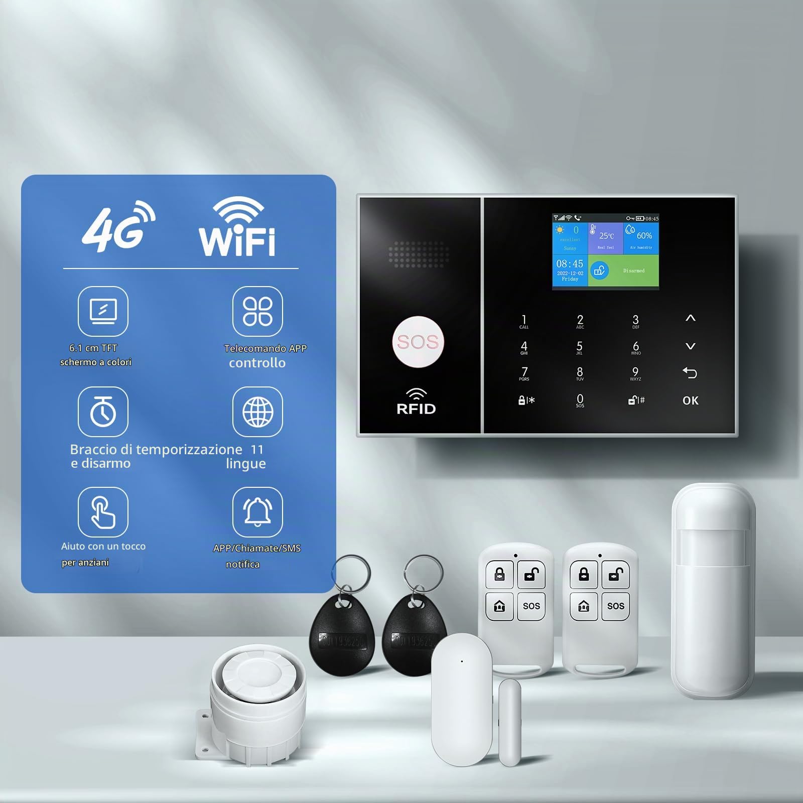 LWOHSI Sistema di Sicurezza Domestica Senza Fili,22 Pezzi Kit Allarme per la Casa con Fotocamera di Sicurezza HD 3MP,Sensori di Allarme per Porte/Finestre,Rilevatori di Movimento,Compatibile con Alexa