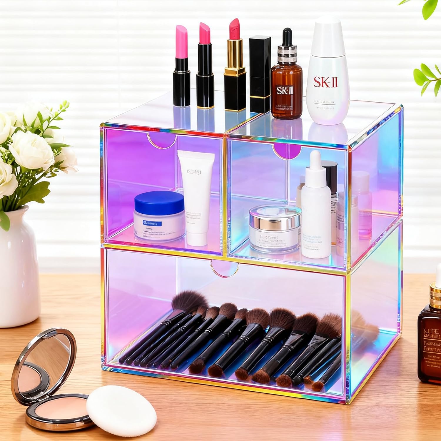 Gelite Desk Organizer with 3 Storage Drawers for Makeup Office Acrylic Desktop Drawer Organizer for Vanity Office Organization and Storage Box, Iridescent