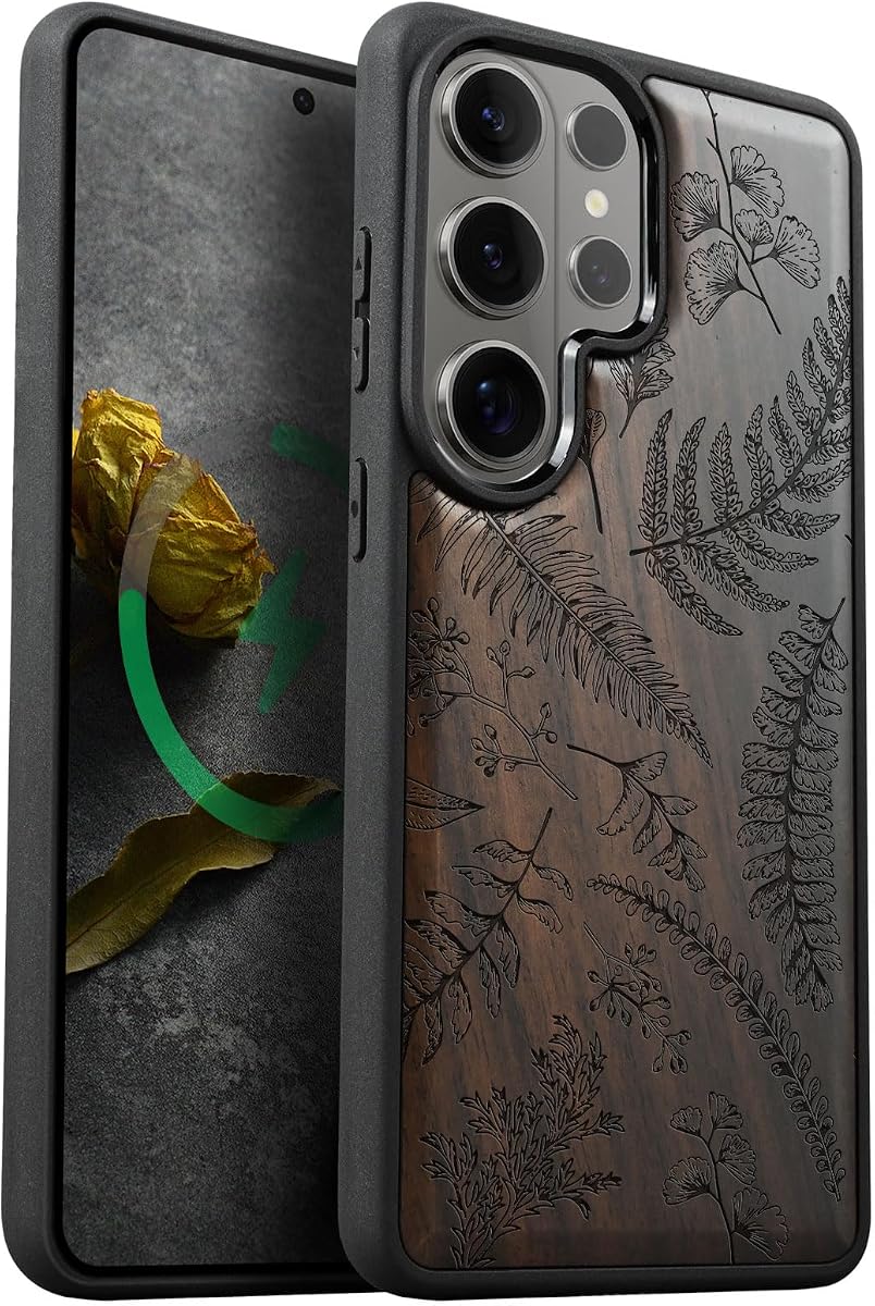 Carveit Wood Case for Galaxy S26 Ultra, Vintage Floral Pattern, Black | Magnetic Samsung Galaxy S26 Ultra Case Compatible with MagSafe Wireless Chargers, Engraved Wood & Soft TPU Shockproof Bumper
