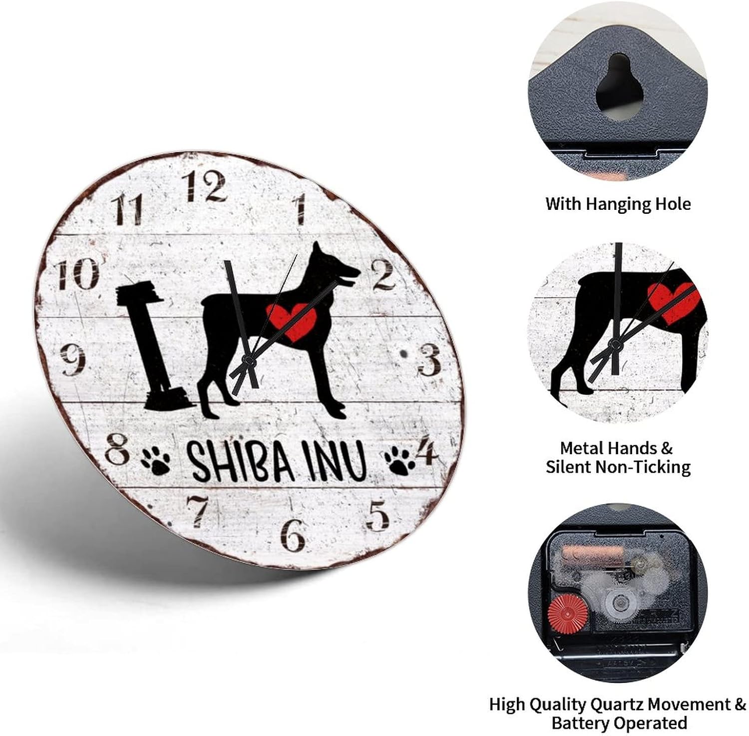 I Love Shiba Inu Wall Clock Retro Wood Grain Wooden Clock 10in Silent Non Ticking Battery Operated Marine Style Popular Wall Decor for Farmhouse Sewing Room Laundry Room Pub image 3
