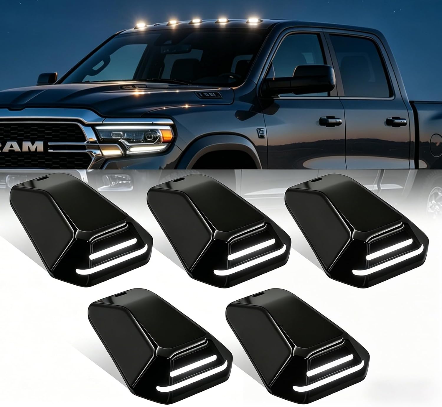 White LED Top Clearance Lights Kit Roof Cab Lamp Compatible with 2019-2026 Dodge RAM 2500 3500 4500 5500 Clear Lens Pickup Truck Roof Marker Lights