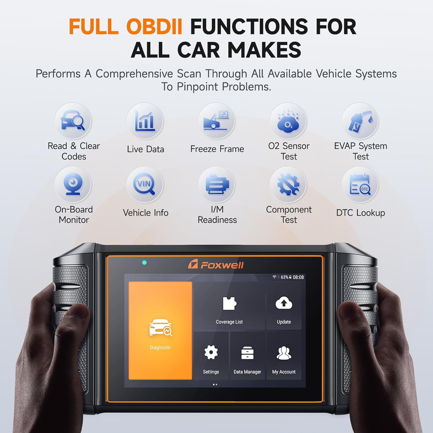 FOXWELL NT710 screen displaying various OBD2 functions like Read & Clear Codes, Live Data, Freeze Frame, and O2 Sensor Test.