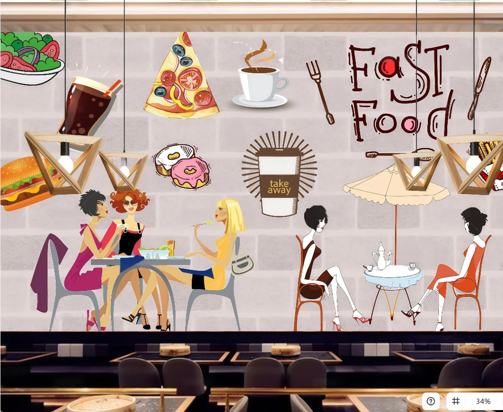 Rskjdghshd 3D Wallpaper Cartoon Brick Wall Hand Painted Burger Pizza Fast Food Restaurant Western Restaurant Living Room Background Wall Wallpaper Drink Coffee Shop Mural,,150X105cm
