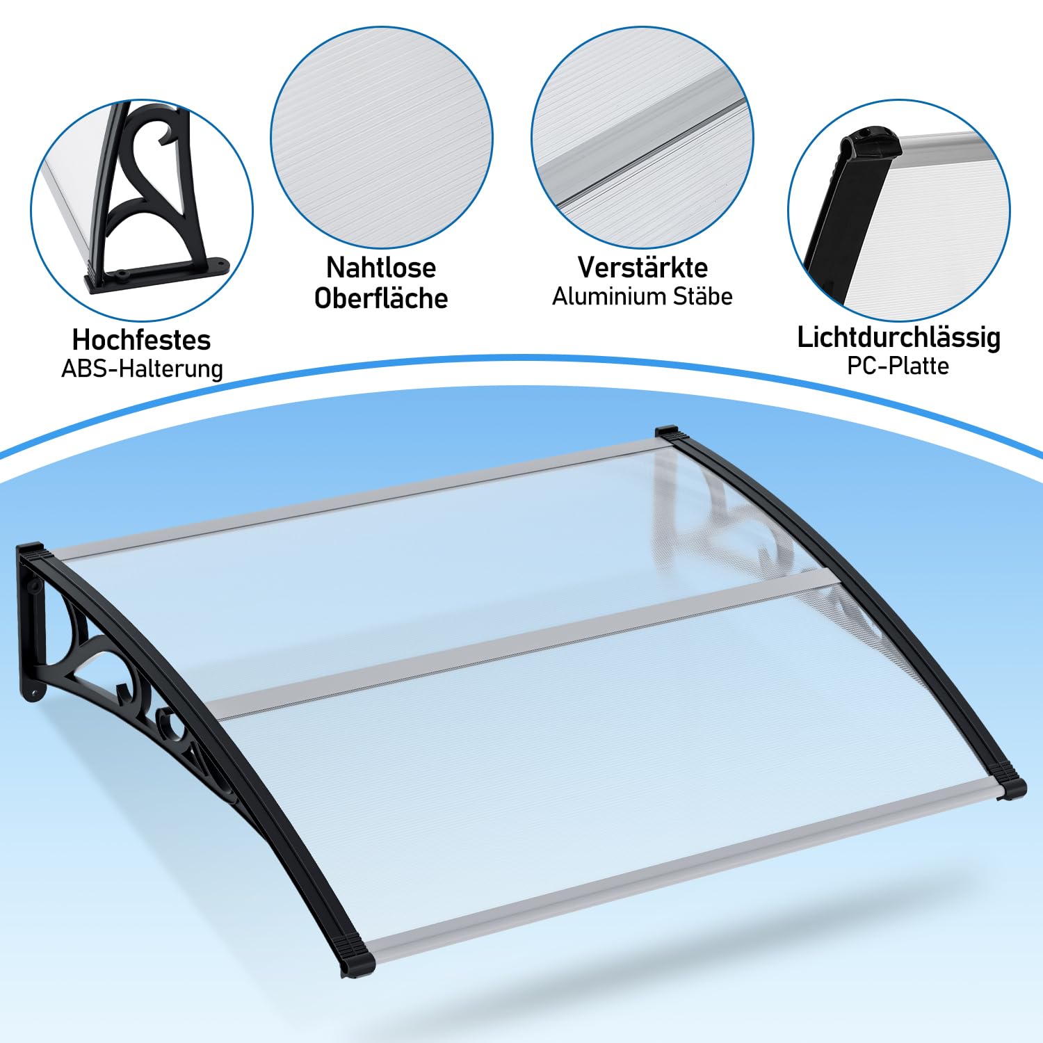 Tetto per Porta d'Ingresso 100x150cm, Tetto a Doppio Pendenza in Policarbonato 6 mm, Supporto in PP, Trasparente Estremamente Resistente alle Intemperie, contro Pioggia, Neve e Radiazioni UV