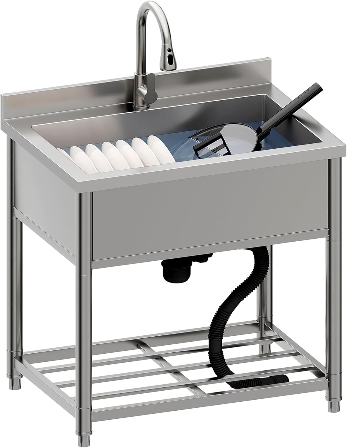 Stainless Steel Utility Sink, Large Freestanding Kitchen Sink with Pull-out Faucet for Commercial Restaurant, Bathroom, Laundry Room, Garage, Outdoor/Indoor, Pet Cleaning, D21.65 x W27.55 x H36.61 in