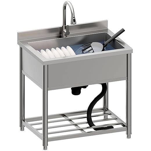 Stainless Steel Utility Sink, Large Freestanding Kitchen Sink with Pull-out Faucet for Commercial Restaurant, Bathroom, Laundry Room, Garage, Outdoor/Indoor, Pet Cleaning, D21.65 x W27.55 x H36.61 in