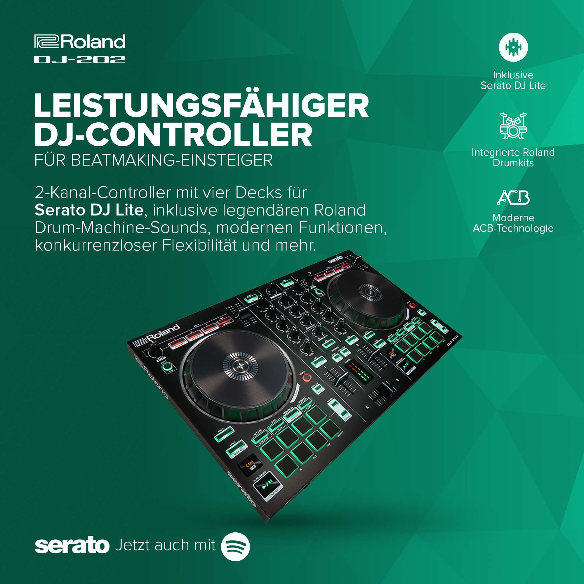 Roland DJ-202 Kompakter DJ-Controller | 2-Kanal-Controller mit 4 Decks für Serato DJ Lite | Große Plattenteller mit minimaler Latenz | Legendäre Roland Drumkit-Sounds | Moderne ACB-Technologie