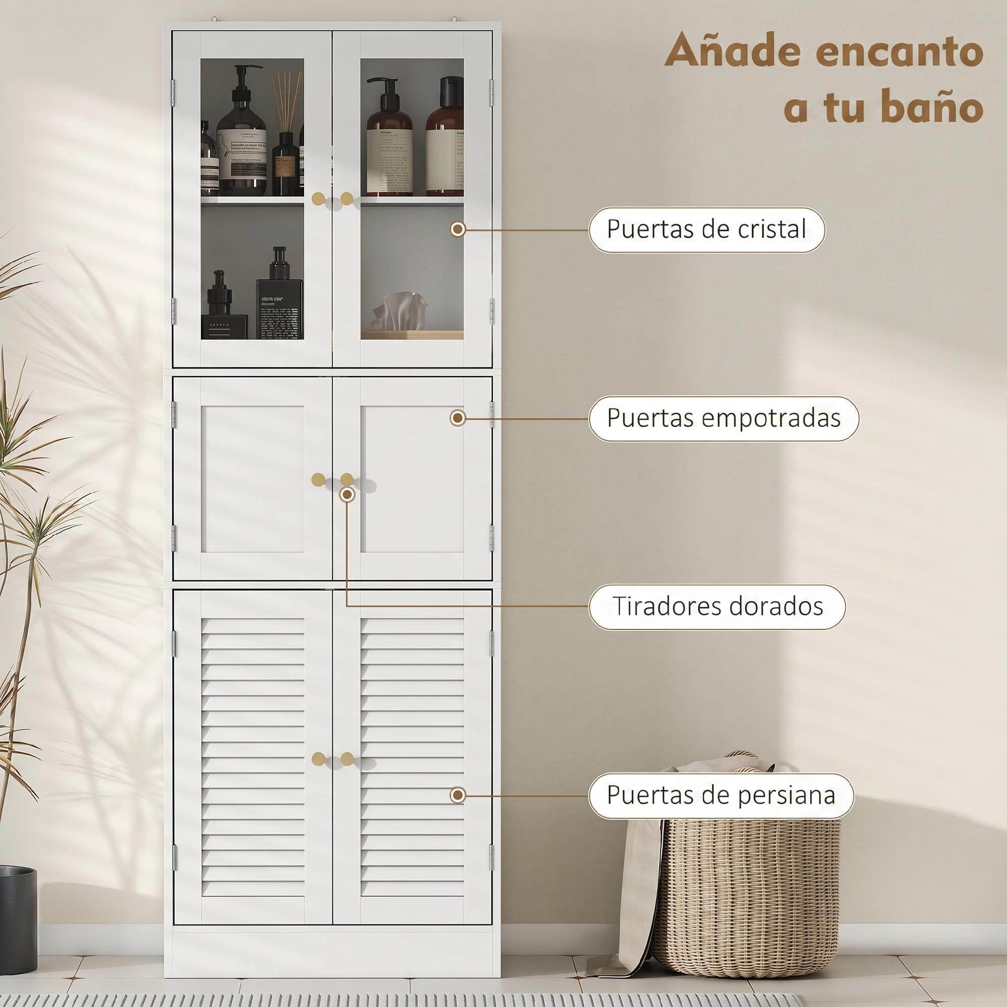 HOMCOM Armario de Baño Alto con Baldas, Puertas Vidrio, 60x30x170cm Blanco | Columna de Baño Estrecha, Puertas de Lamas