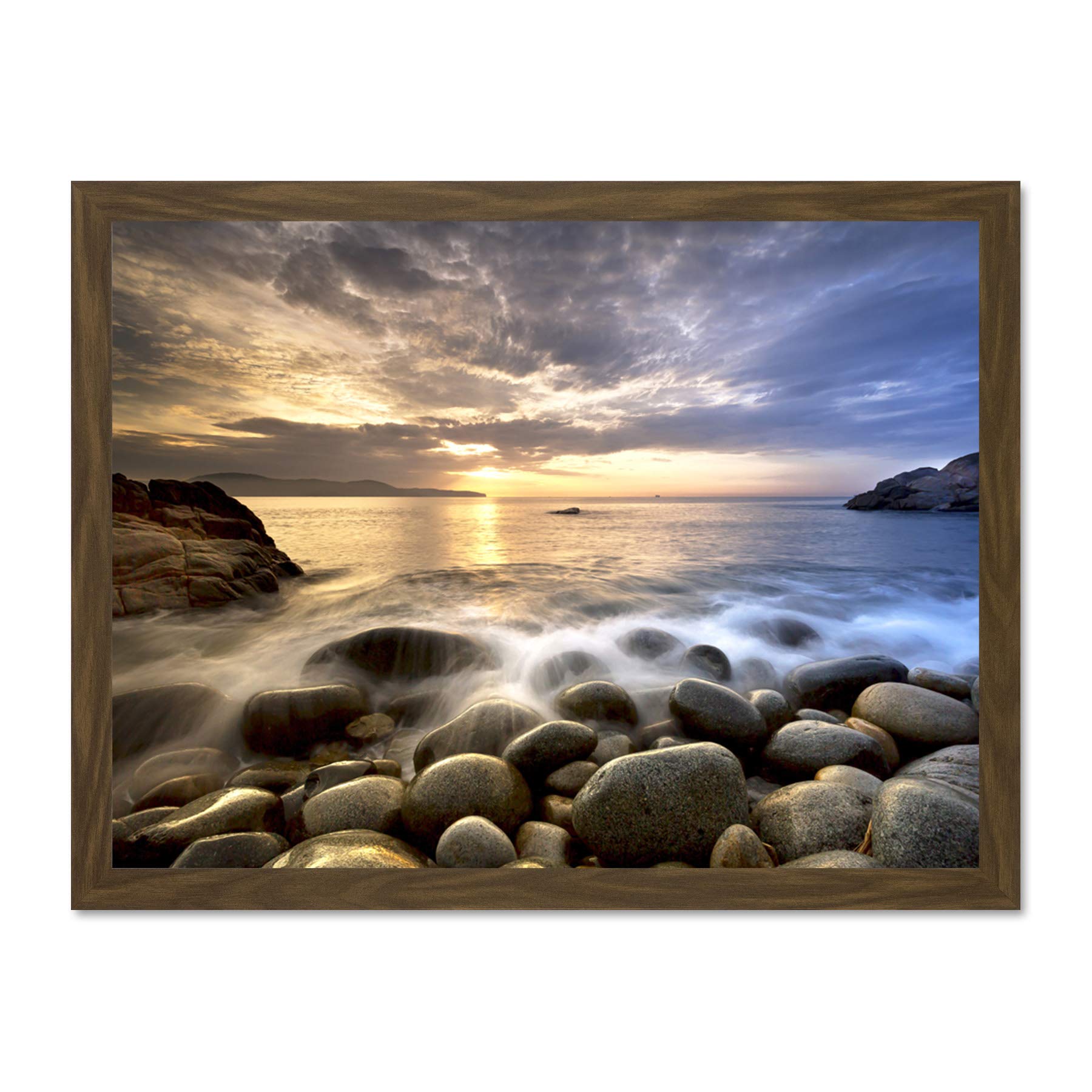 Sunset Rocky Seaside Beach Large Framed Art Print Poster Wall Decor 18x24 inch