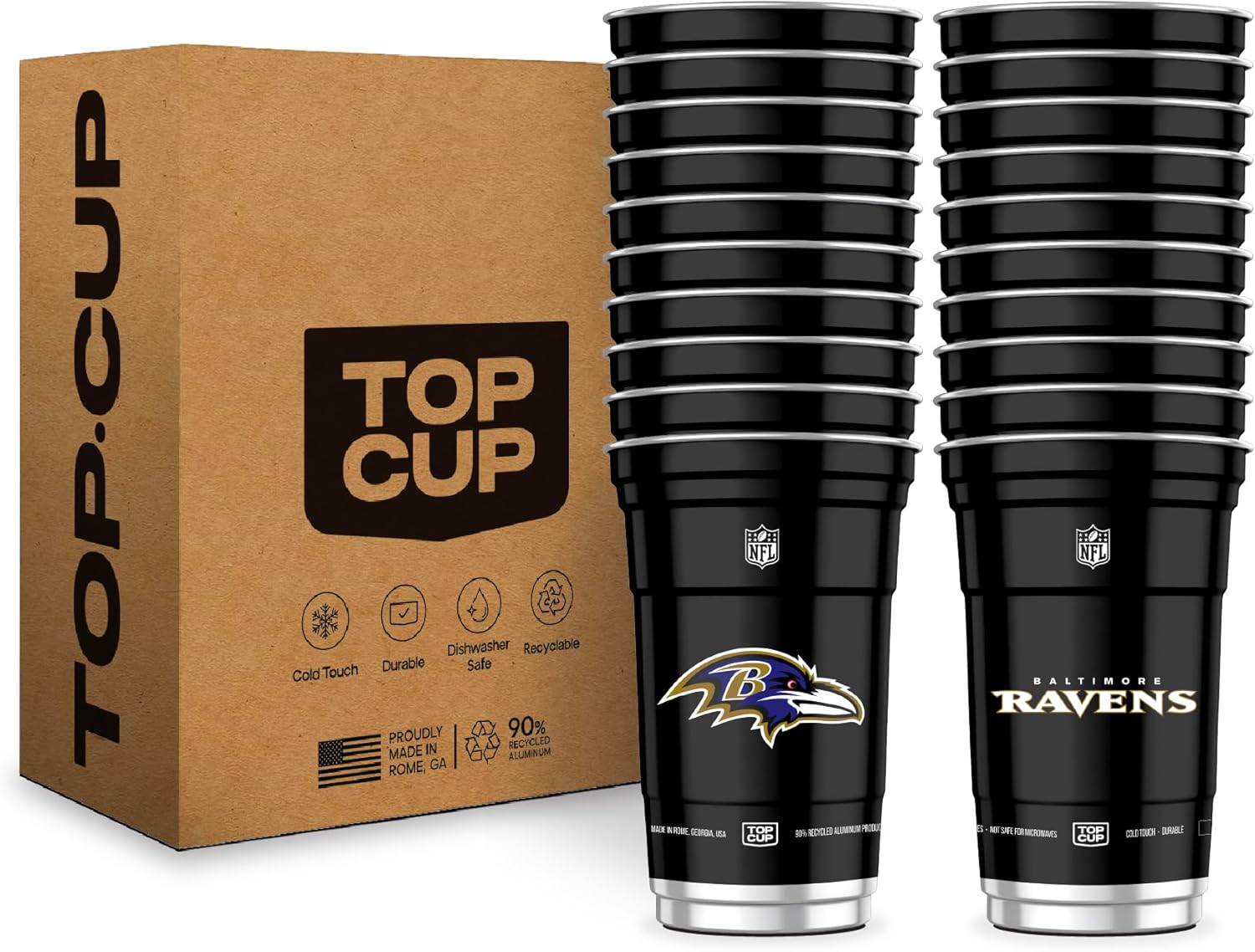 Top Cup NFL Baltimore Ravens 20 oz Reusable Aluminum Cups 20 Count | Officially Licensed, Durable, Reusable & Recyclable, Made in USA