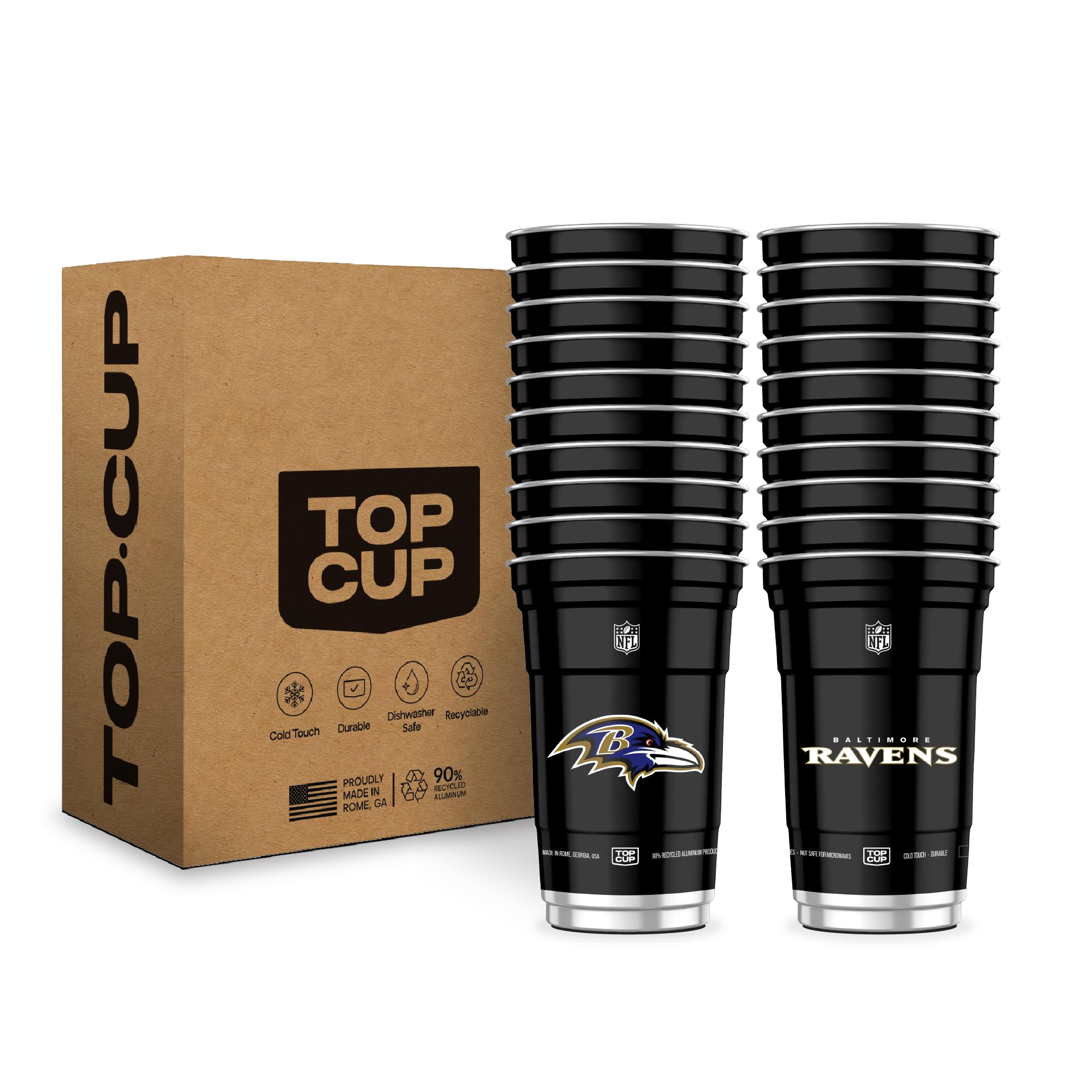 Top Cup NFL Baltimore Ravens 20 oz Reusable Aluminum Cups 20 Count | Officially Licensed, Durable, Reusable & Recyclable, Made in USA