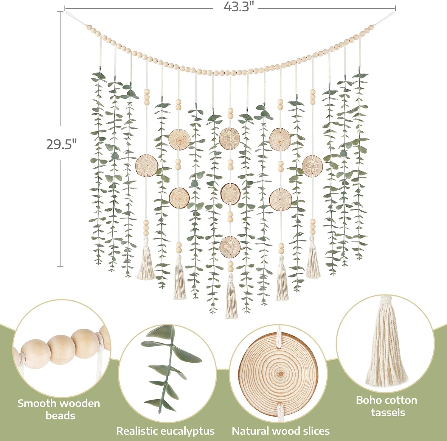 Dahey Hanging Artificial Plant Eucalyptus Wall Decor 43'' Wooden Bead Garland with Fake Greenery Leaves Boho Rustic Farmhouse Wall Art for Living Dining Room Bathroom Bedroom Kitchen Decoration