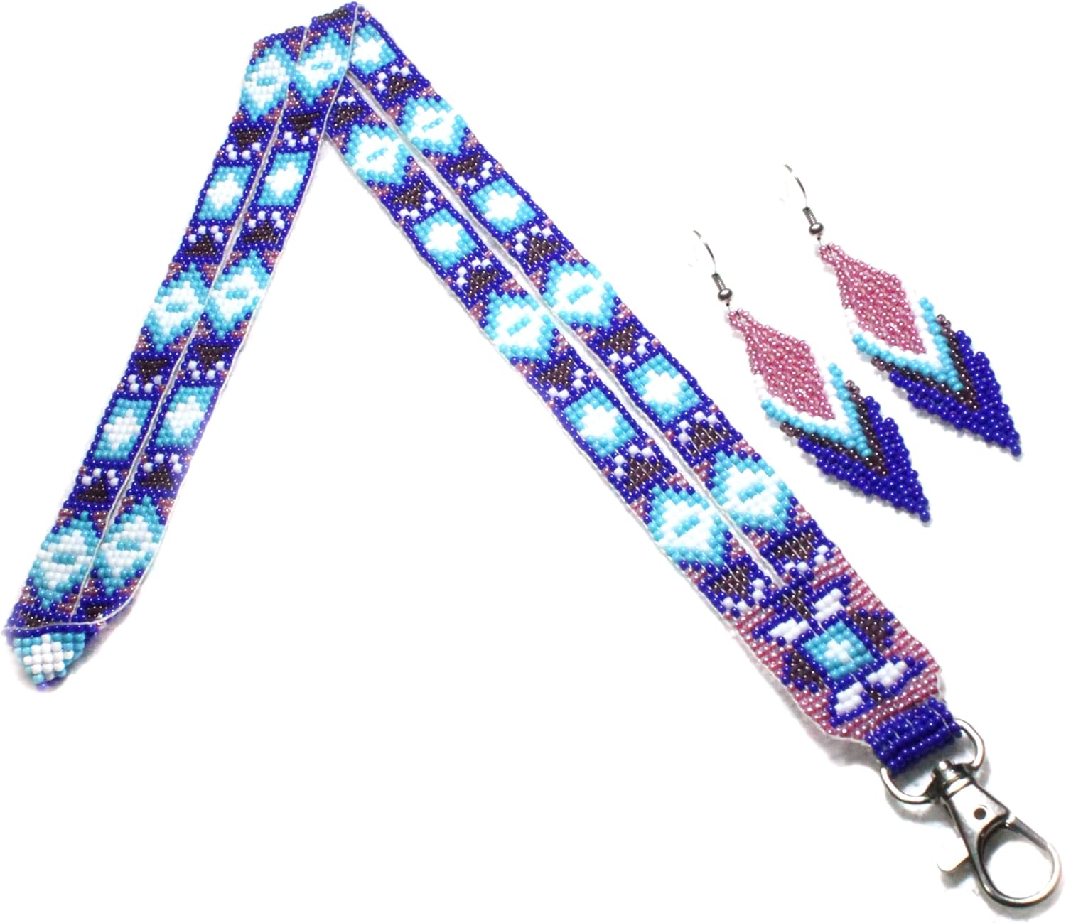beaded lanyard with matching Beaded Earrings,Native American style beaded badge holder ID card holder