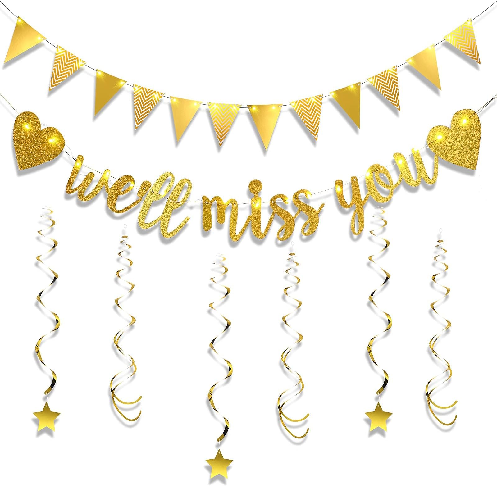 Festiko® Miss You Decorations Kit, Going Away Farewell Sign Banner Gold Glitter Triangle Flag Star Swirl Led Fairy String Banner Décor for Retirement Office Work Job Chang Party Supplies- 10 Pcs