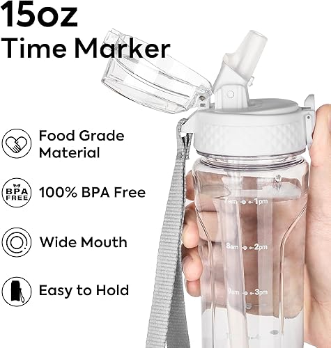 Miniatura 4 de OLDLEY Botella de agua para niños con popote de 15 onzas, sin BPA, a prueba de fugas, botellas de agua motivacionales con marcador de tiempo para