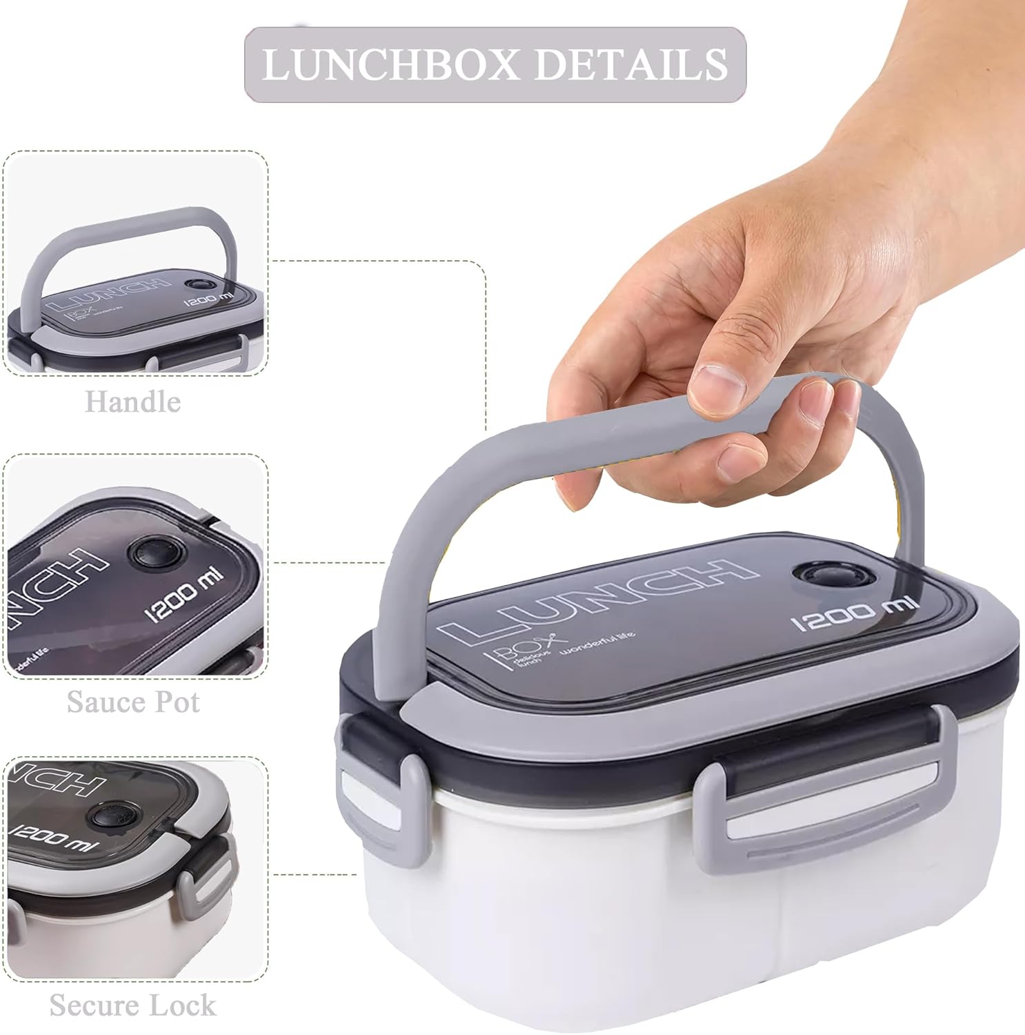 Bento Box Adult, Lunch Box for Men and Women, 1200ML Leak-proof Double-layered with Handle Lunchbox, Reusable BPA-Free Lunch Container, Microwave/Dishwasher Safe, Snack Box with Cutlery Set, White - Image 3