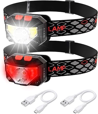 Maketheone Rechargeable LED Headlamp, 2 Pack Bright Ultra-Light Lamp for Adults Kids, 6-Mode White & Red Angle Adjustable Waterproof Motion Sensor Hand-Free Flashlight for Camping Running Hiking