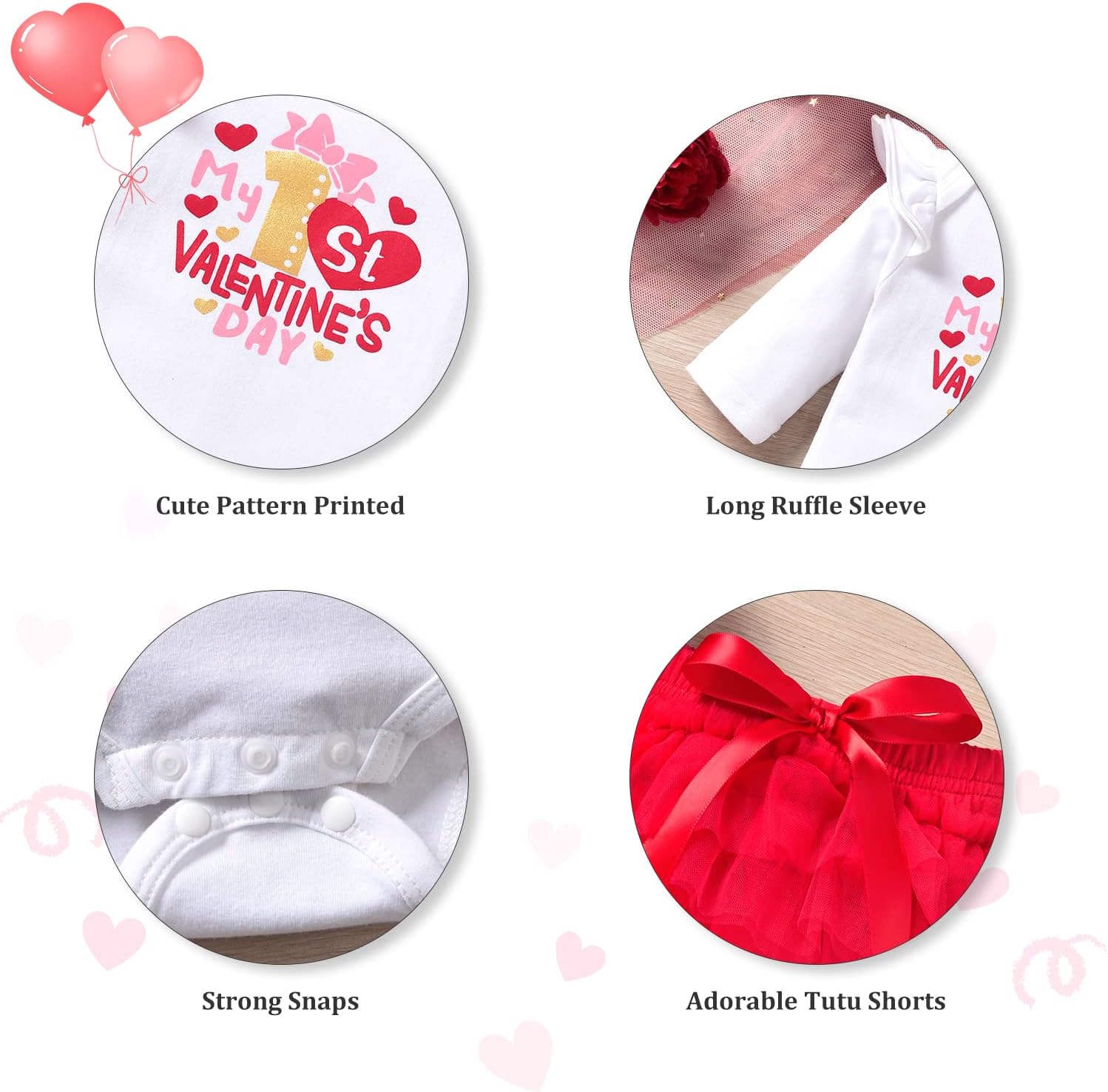 fioukiay Newborn Baby Girls Valentine's Clothes Outfits Infant 4pcs Valentine's Bodysuit Romper Shorts Clothing Sets - Image 2