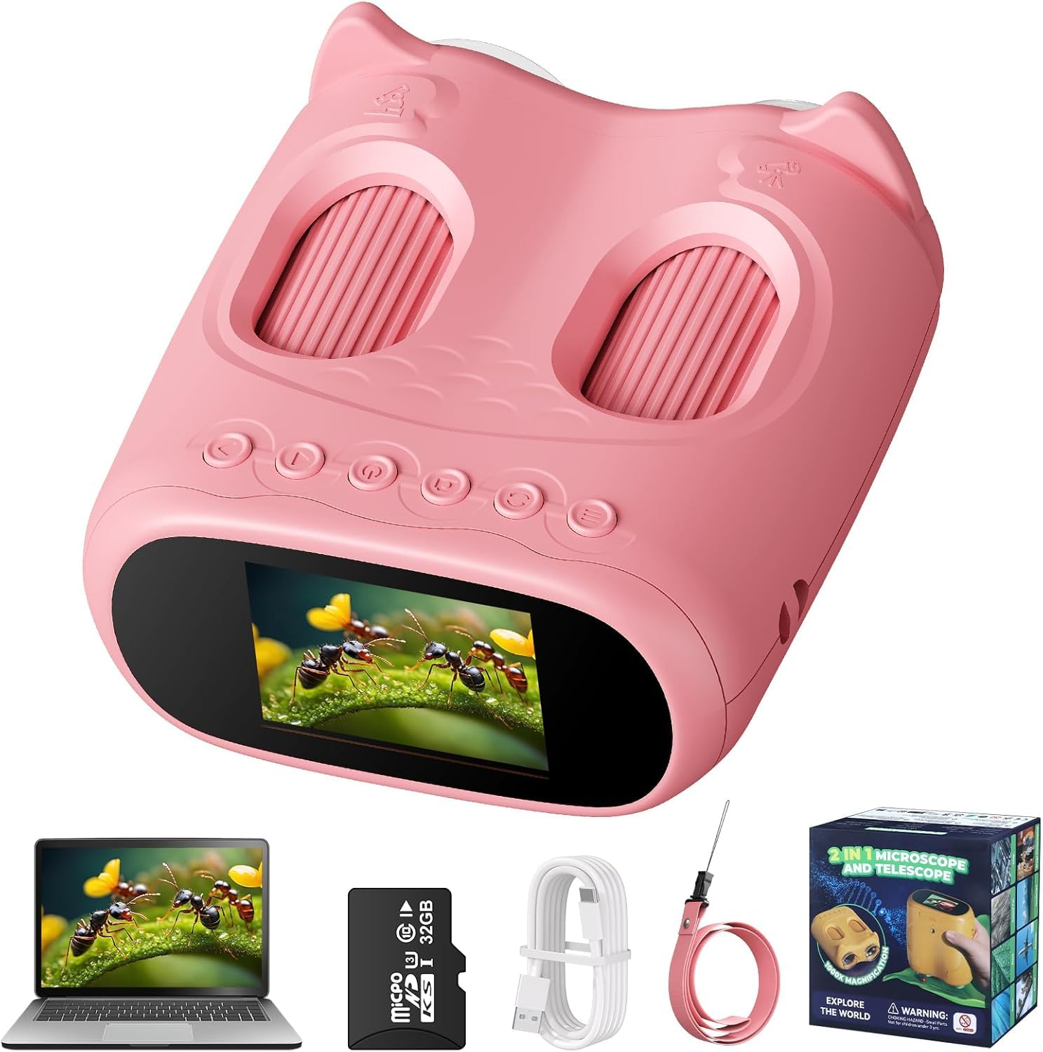 2-in-1 Digitales Mikroskop für Kinder und Teleskop, Tragbares Taschenmikroskop mit 32GB Speicherkarte, 1000X Handy Kindermikroskop mit 2.0" IPS Bildschirm & 8 LED Licht, Geschenk ab 3 Jahren