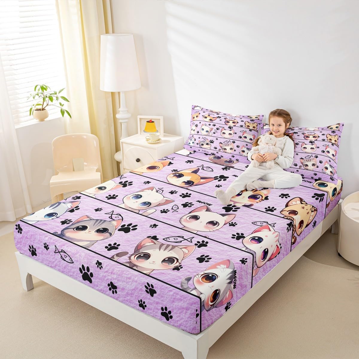 Cartoon Animas Light Purple Fitted Sheet,Full Size Cat Kitten Kitty Pet Lover Collections,Cute Cat Bedding Deep Pocket for Children Teens Young with 2 Pillowcases(No Flat Sheet)