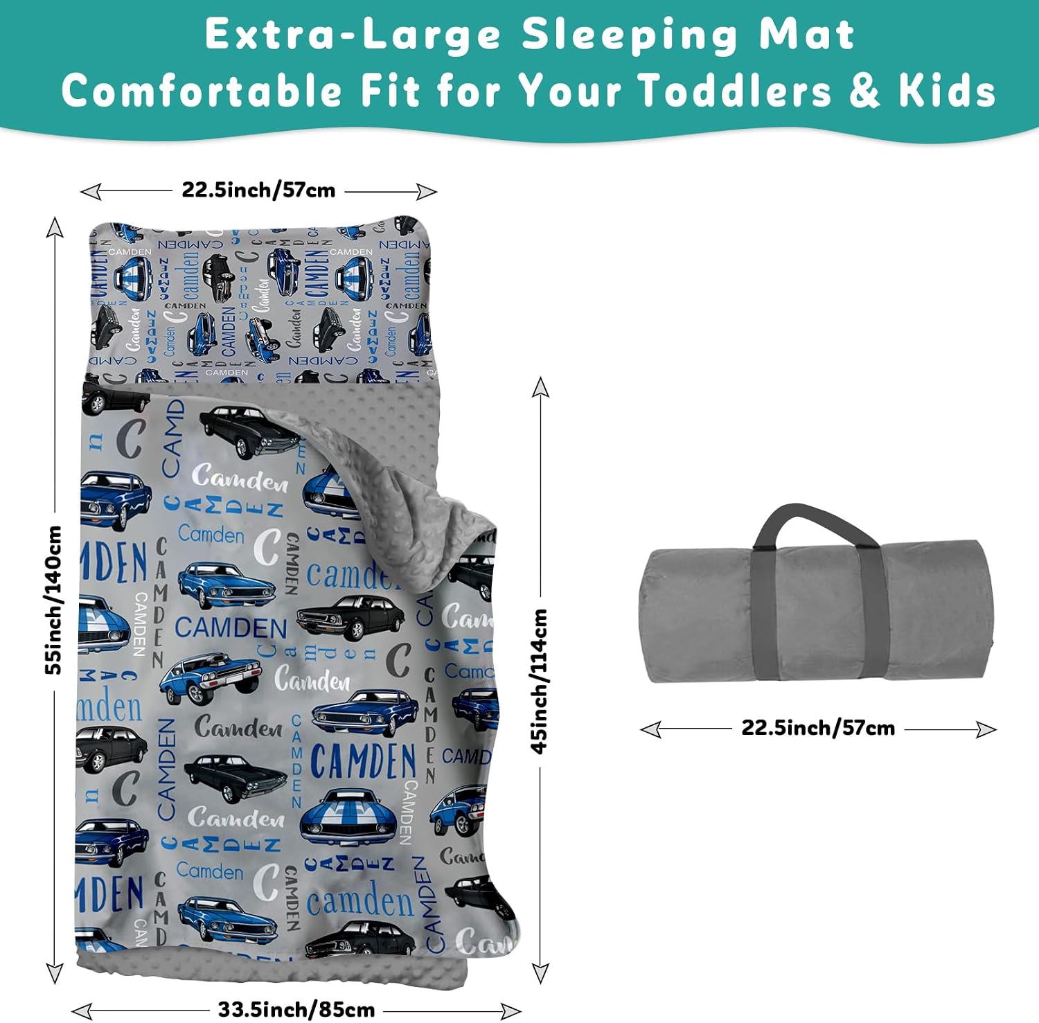 Dyoart Custom Toddler Nap Mat for Preschool - Personalized Name Blue Car Nap Mats for Daycare Kindergarten Toddler Boys, Sleeping Bag with Pillow Blanket Set, Thick Padded Easy Roll Up