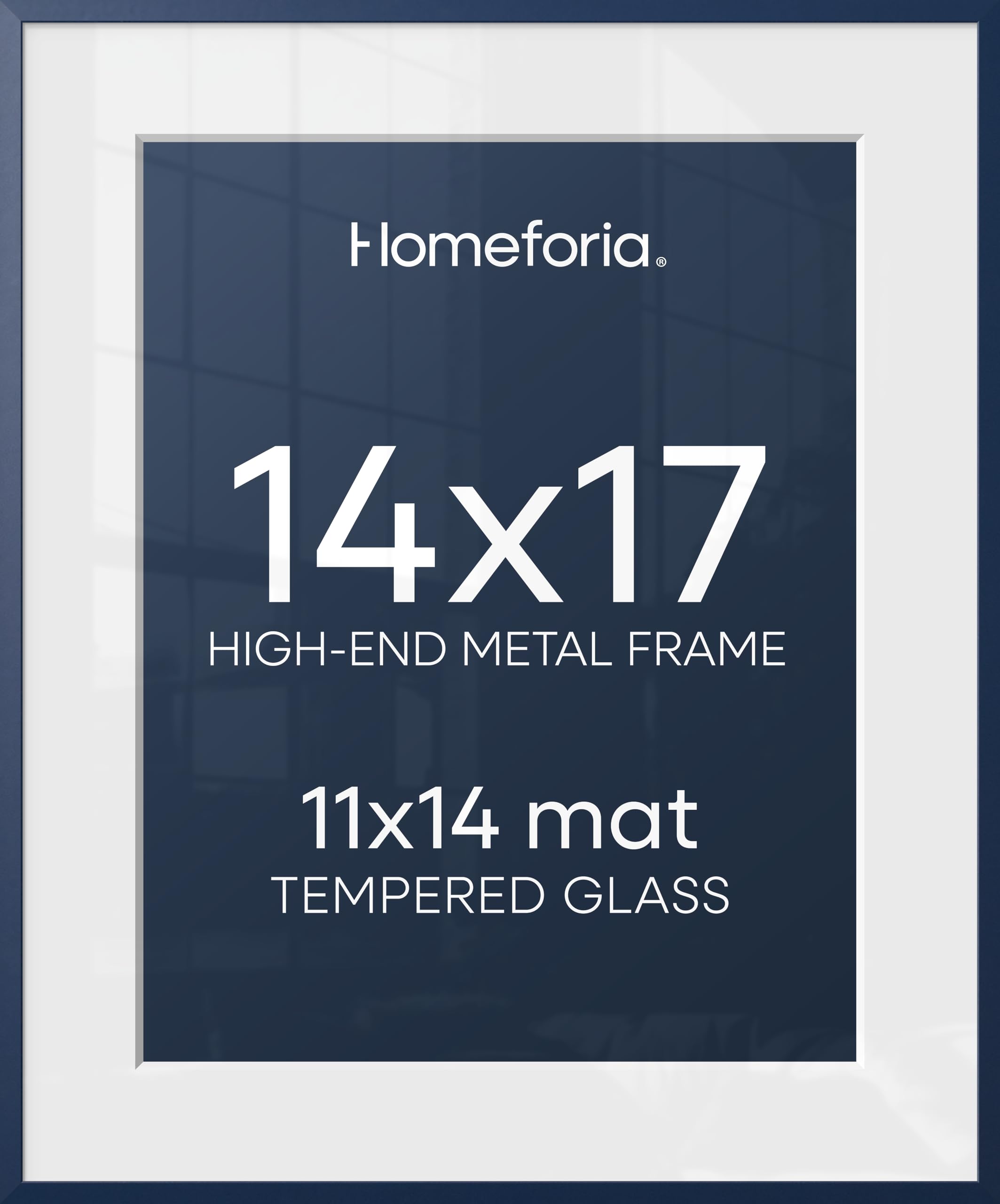 Homeforia 14x17 Blue Picture Frame, High-End Metal, 11x14 Mat, Glass | High End Aluminum, Tempered Glass, Acid-Free 11x14 Removable Mat, 14x17 in Edge-to-Edge Display 17x14, Wall Kit, Set Of 2