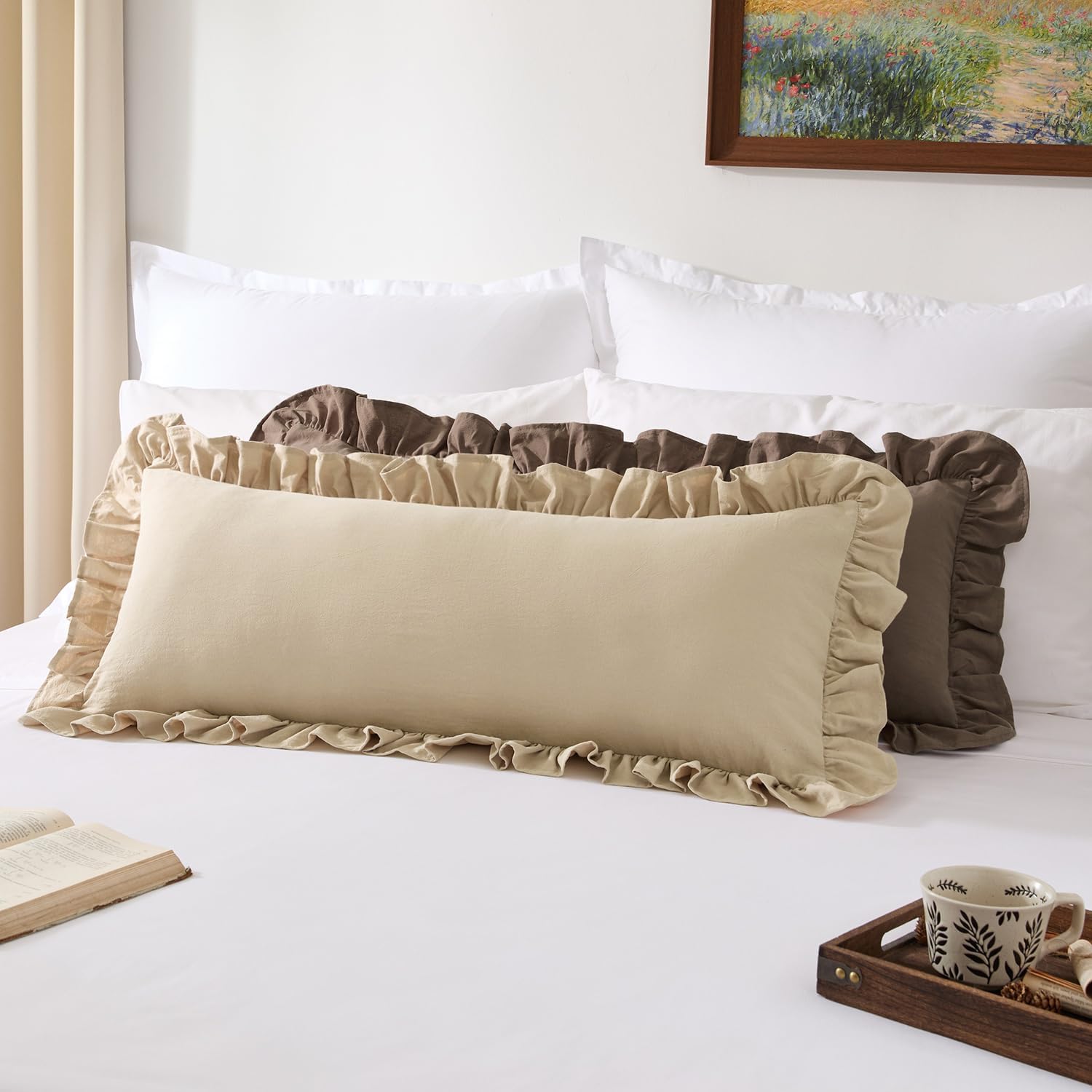 Kevin Textile 14x36 Inch Long Lumbar Pillow Cover 1 Pack 100% Cotton Lace Ruffles Scalloped Decorative Rectangle Cushion Case Soft Body Pillow for Bedding Couch Sofa, Khaki