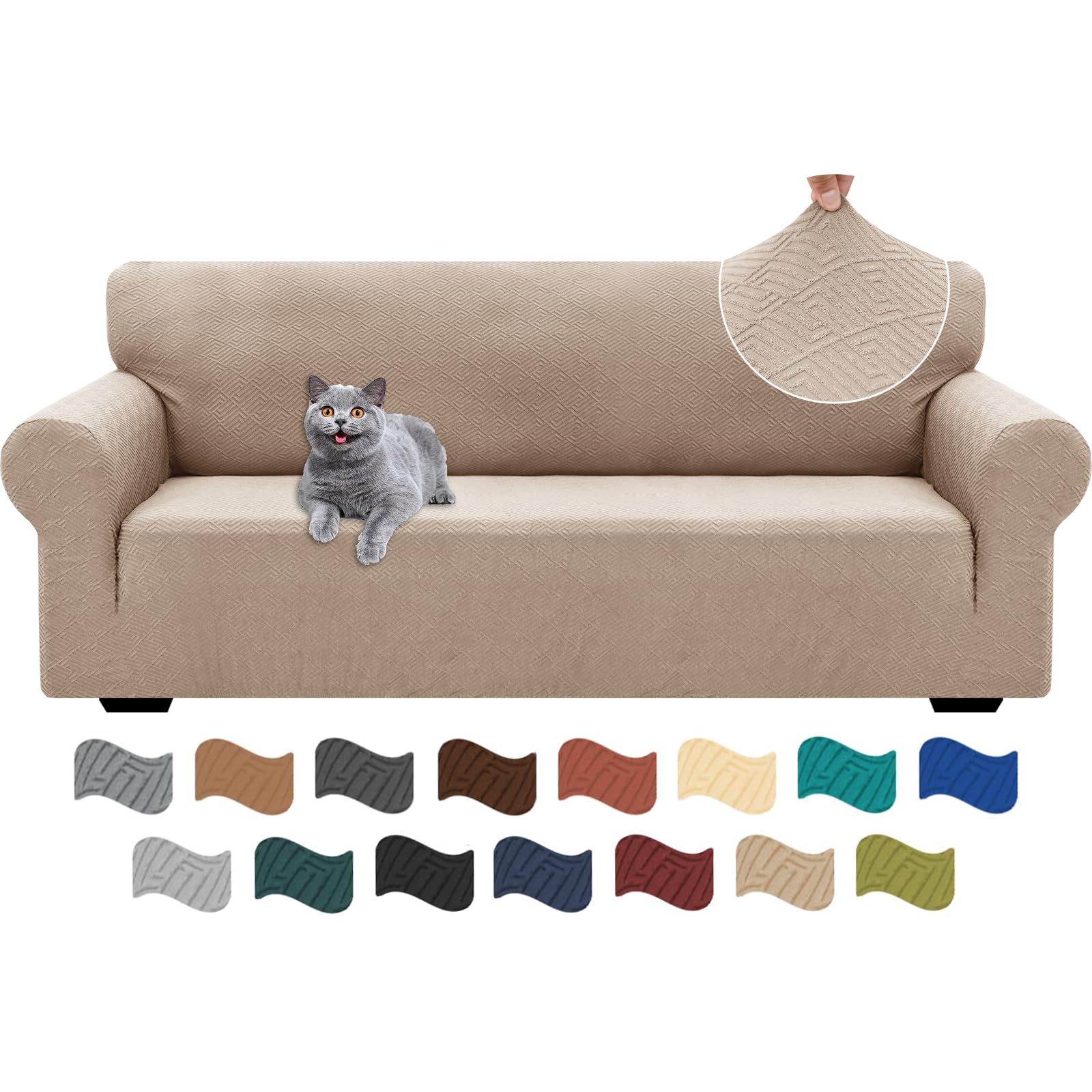 Ystyle Sofa Cover 3 Seater Adjustable, Elastic Sofa Covers, Anti Cat Dog Sofa Cover, Sofa Cover with Armrests, Jacquard Covers Sofa Slipcover, Washable, Khaki Global Recycled Standard Global Recycled Standard Global Recycled Standard