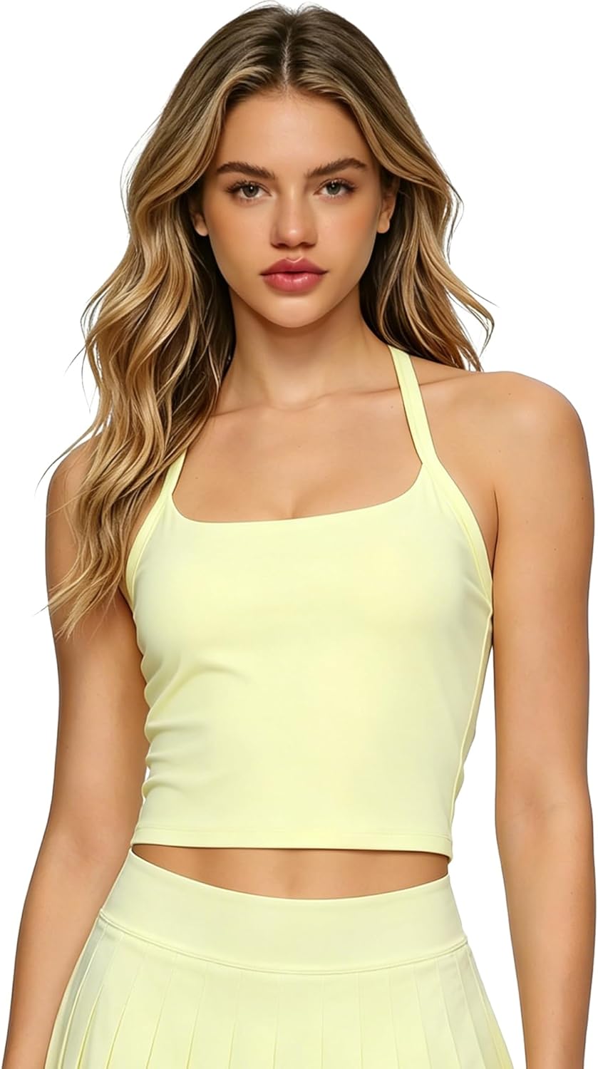 Yuerlian Women's Square Neck Racerback Sports Tank Tops Built in Bra Padded Workout Crop Tops for Yoga Gym