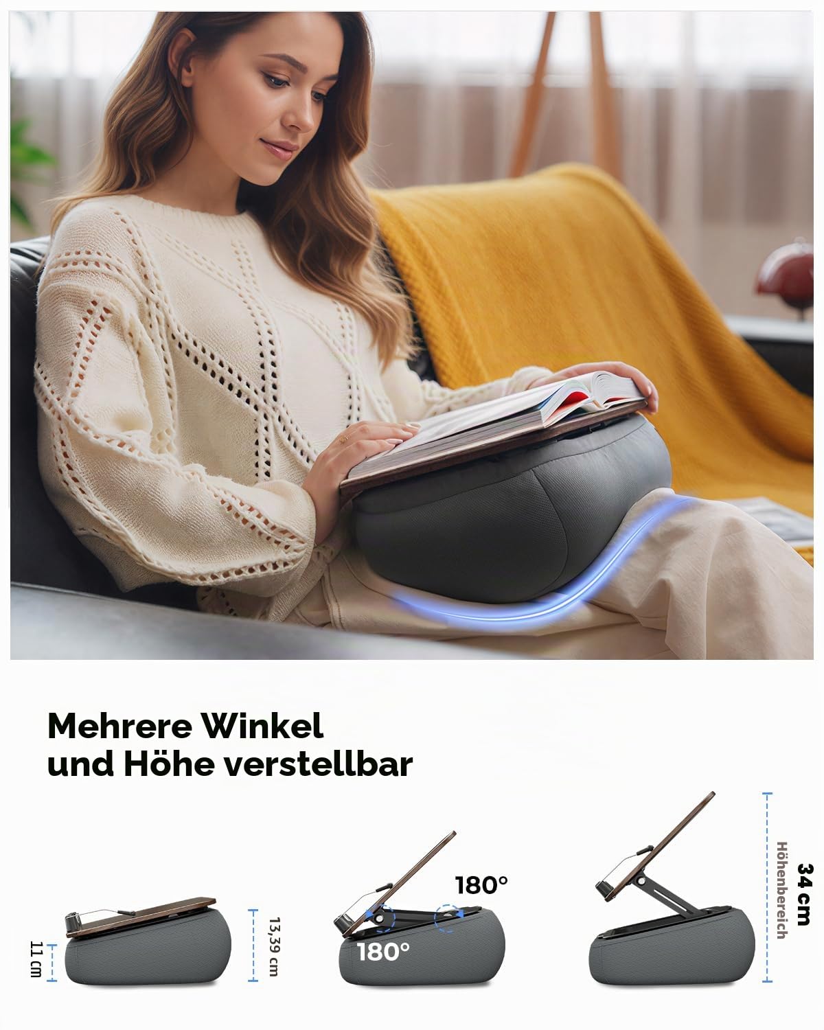 Viozon Buchhalter zum Lesen im Bett, mit Aufbewahrung, Schoßschreibtisch, für A3 ~ A5 Buch und 7 ~ 38,1 cm Tablet/Laptop, Sitzsack-Lesekissen, Seitenhalter, Multi-Winkel-Buchständer für freihändiges
