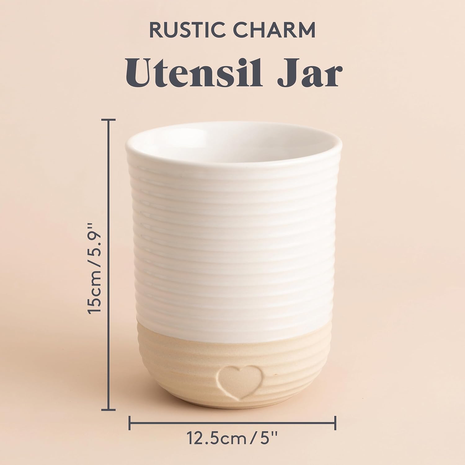 Mason Cash Rustic Charm Utensil Holder Stoneware with Debossed Heart Motif Durable Large Capacity for Kitchen Tools & Gadgets Stylish Countertop Organizer