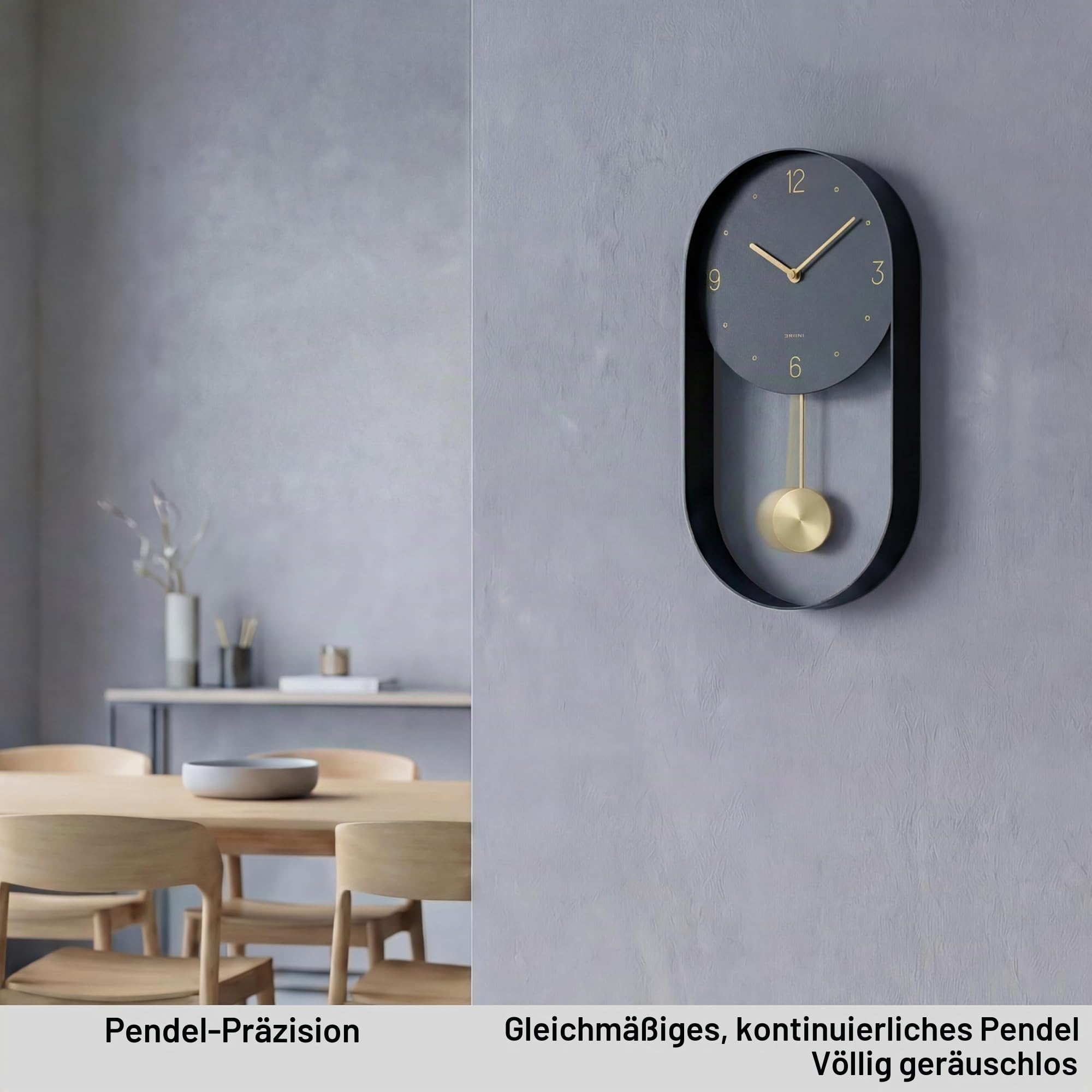 Driini Moderne Pendel-Wanduhr – dekorativer und einzigartiger Metallrahmen mit 20,3 cm Ziffernblatt – zeitgemäßes, minimalistisches Design mit geräuschlosem Batteriebetrieb – inklusive schwarzem und