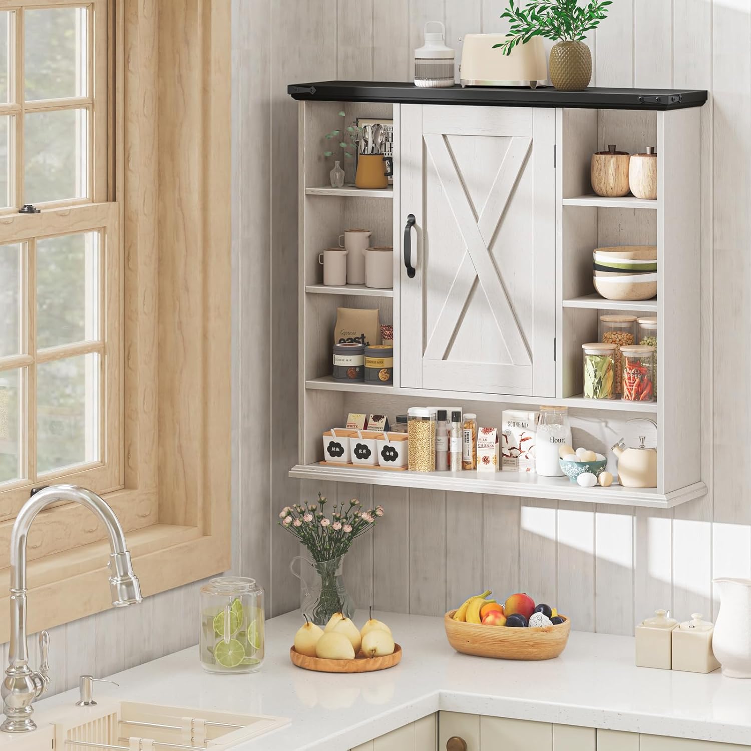 Bathroom Wall Cabinet, Farmhouse Medicine Cabinet with Adjustable Shelves and Barn Doors, Large Wall Mounted Over the Toilet Storage Cabinet for Bathroom, Laundry Room, Kitchen, Rustic White and Black
