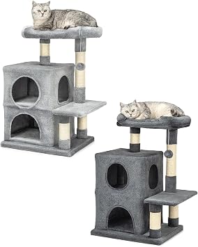 Lionto Tree Scratching Post with 2 Caves, Bed and Sisal, 80 cm, Light Grey