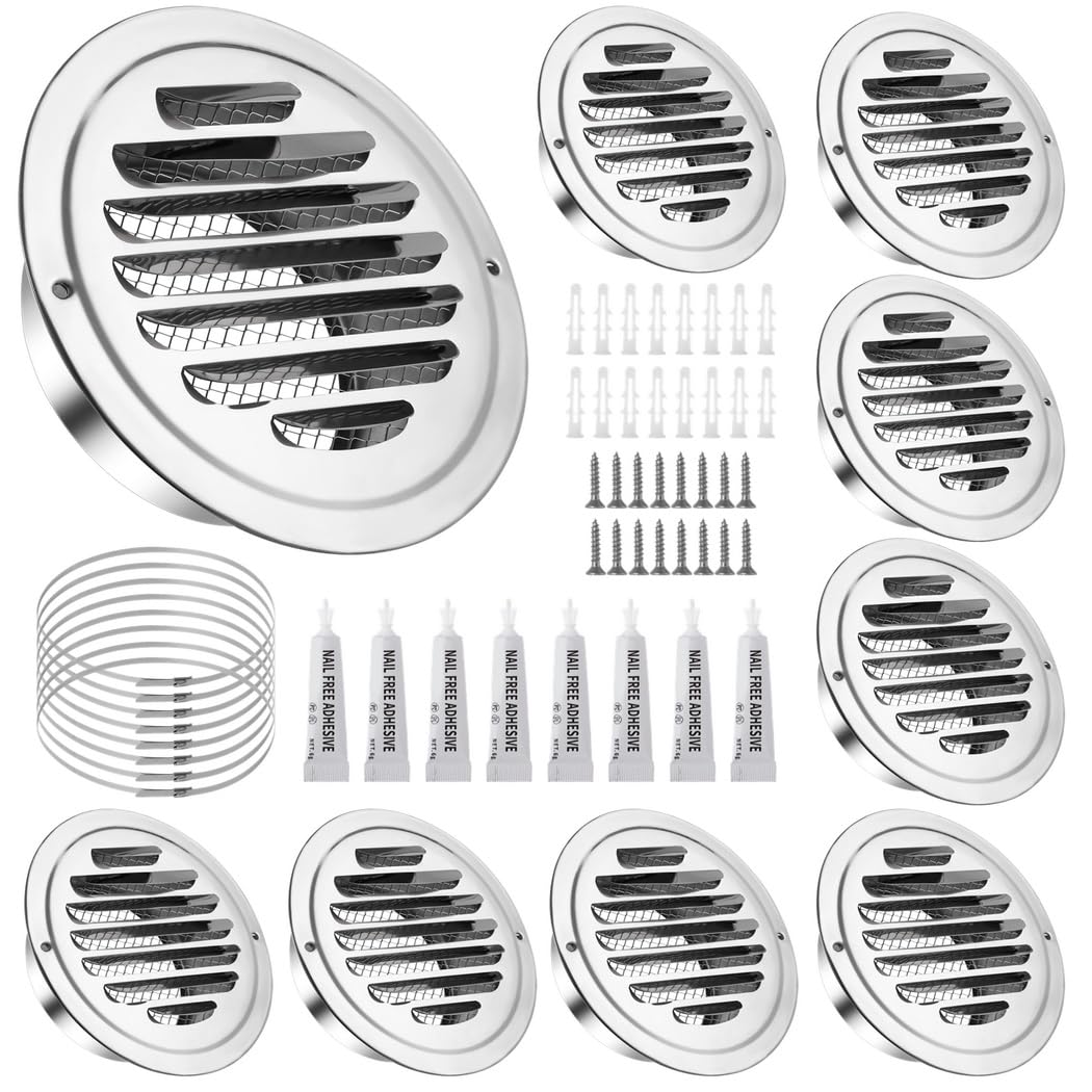 8 prese d'aria in acciaio inox, 10,2 cm, coperture rotonde per griglia con rete schermata, cappe di uscita di ventilazione piatte per casa, ufficio, parete soffitto
