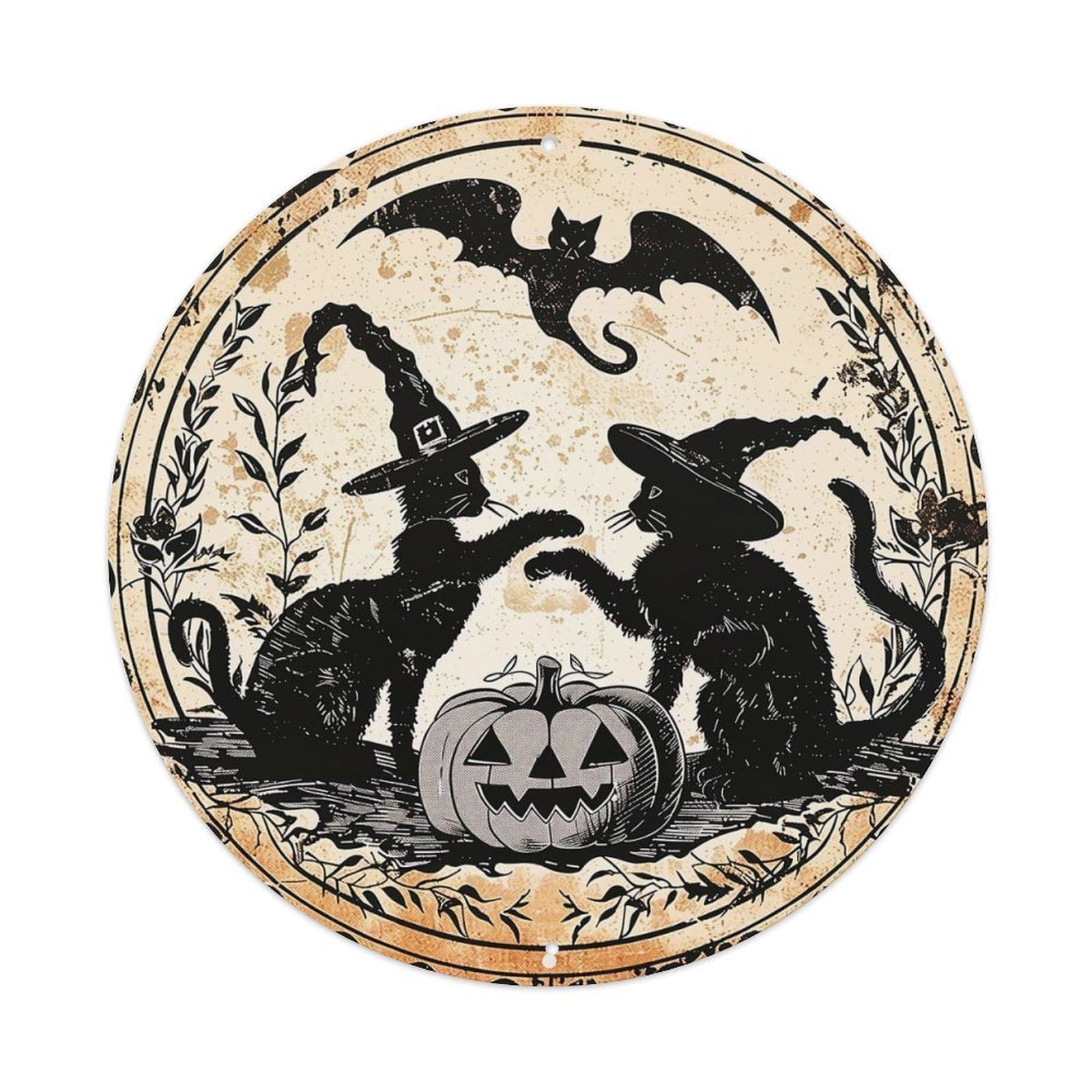 Jdyaojiesheng Vintage Witch Cats Pumpkin Bat Leaves Round Tin Sign Retro Metal Wall Decor Metal Poster, Home Bar Garage Farmhouse Cafe Wall Art Decoration 8X8inch