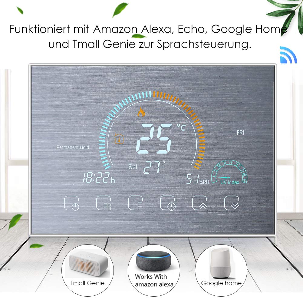 WiFi Smart Thermostat Alexa Google Home-Digital Raumheizung Thermostat Controller Drahtlos, Programmierbarer Temperaturregler, Wetter, UV-Index, Luftfeuchtigkeit Hisplay, 16A