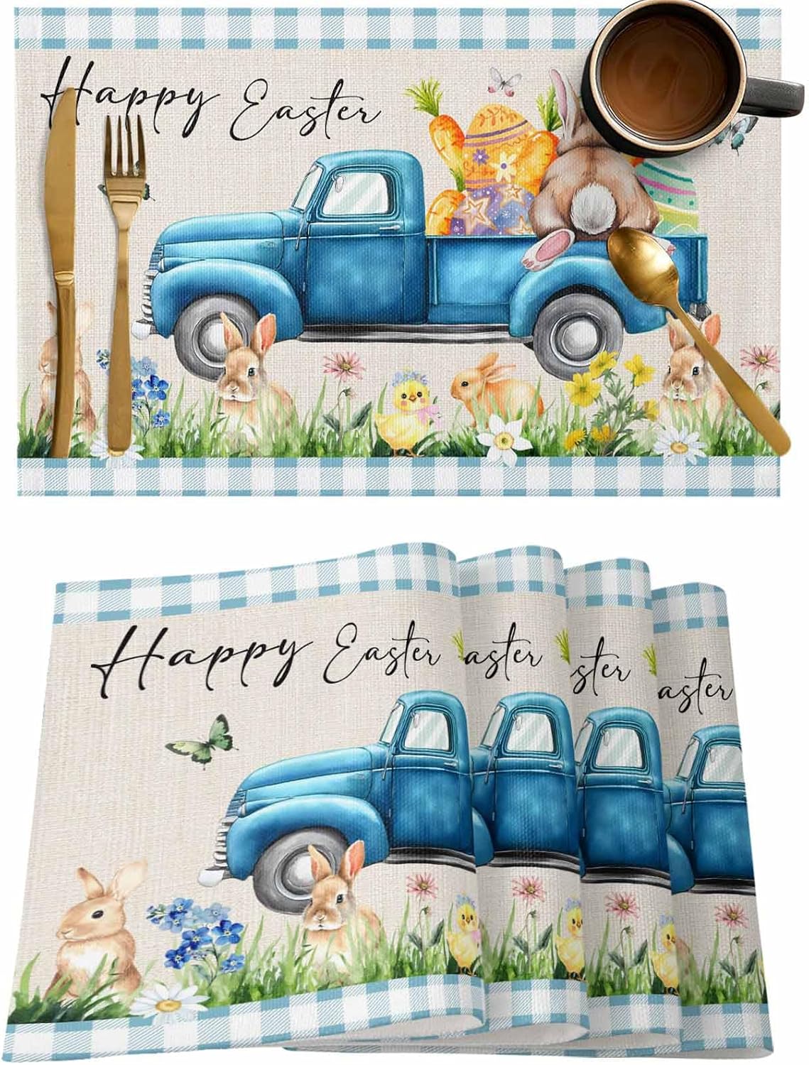 Placemats for Dining Table Set of 4, Easter Bunny Cotton Linen Cloth for Square/Rectangle/Round Table Mat Placemat, Easter Egg Blue Truck Car Chick Blue Plaid Kitchen Dinner Holiday Décor