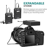Vista 6 de Movo WMIC80 UHF Sistema de micrófono Lavalier inalámbrico expandible con micrófono Lavalier y transmisor bodypack, receptor portátil y soporte