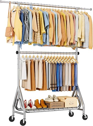 JIEJIERUI Heavy Duty Clothes Rack for Hanging Clothes, Double Rods Clothing Rack with Lockable Wheels, Rolling Garment Racks with Shelf, Easy to Assemble, Silver