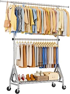 Heavy Duty Clothes Rack for Hanging Clothes, Double Rods Clothing Rack with Lockable Wheels, Rolling Garment Racks with Shelf, Easy to Assemble, Silver