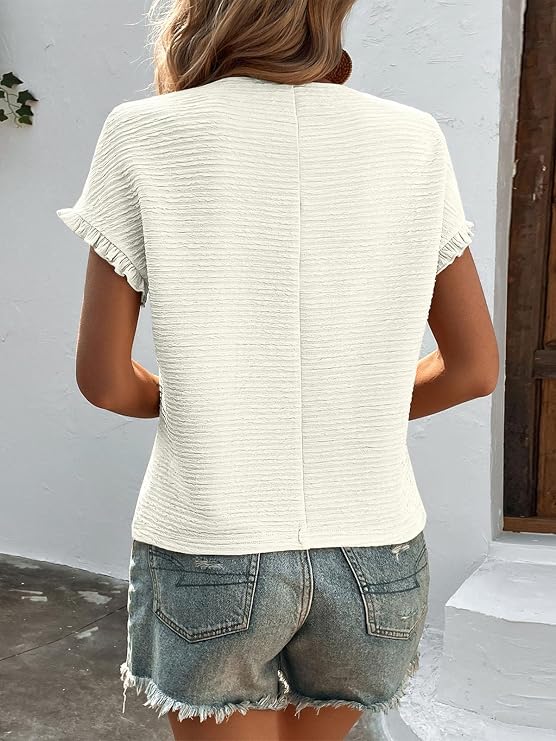 Halfword Womens Summer Tops Crewneck Textured Ruffle Short Sleeve T Shirts Casual Work Blouses