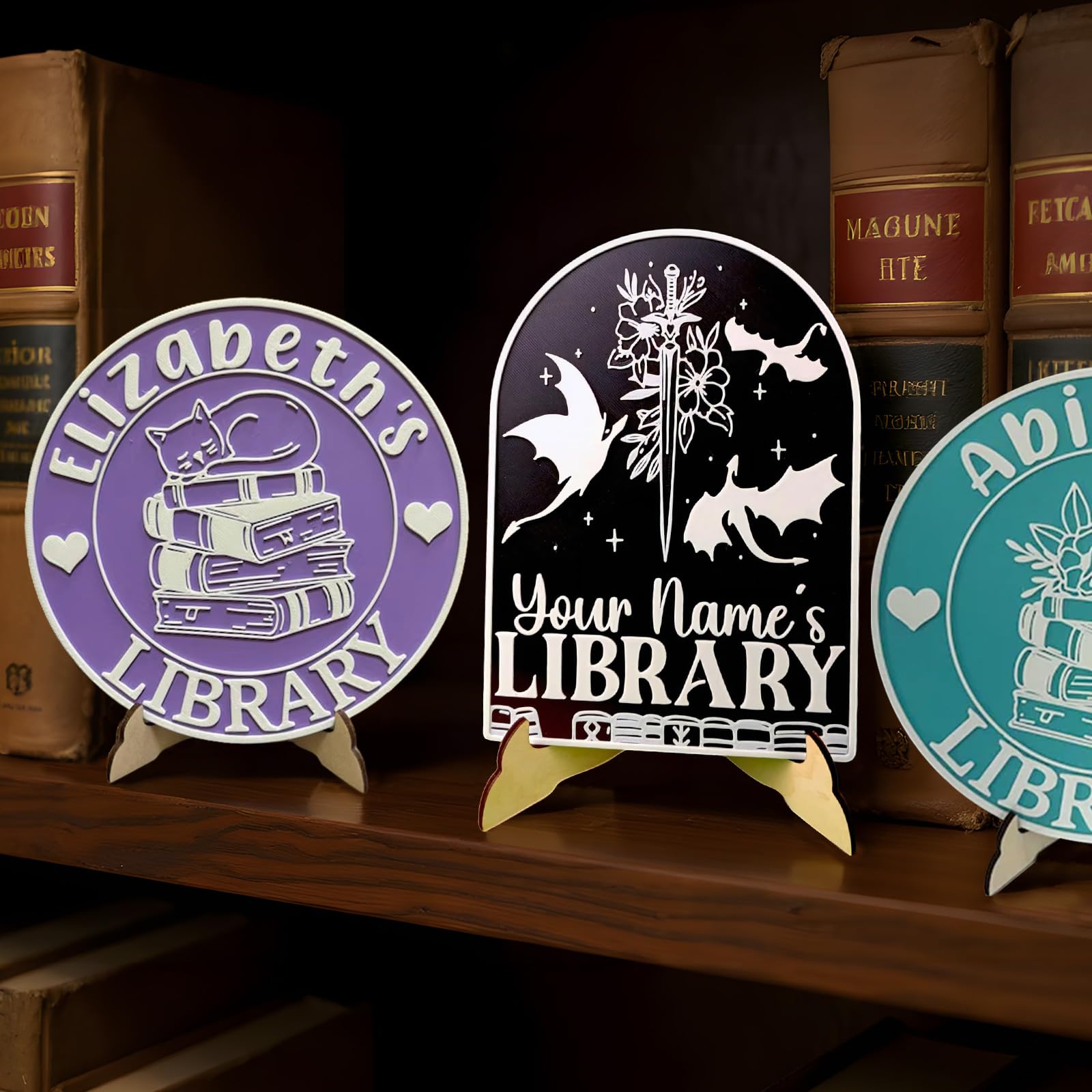 UIDMEN Personalized Library Sign, Custom 3D Printed Bookshelf Sign, Bookish Room Decor, Book Nook Sign, Desk Decor for Book Lovers and Reading Nooks, Book Lover Gift, Reader Gift, Birthday Xmas Gifts