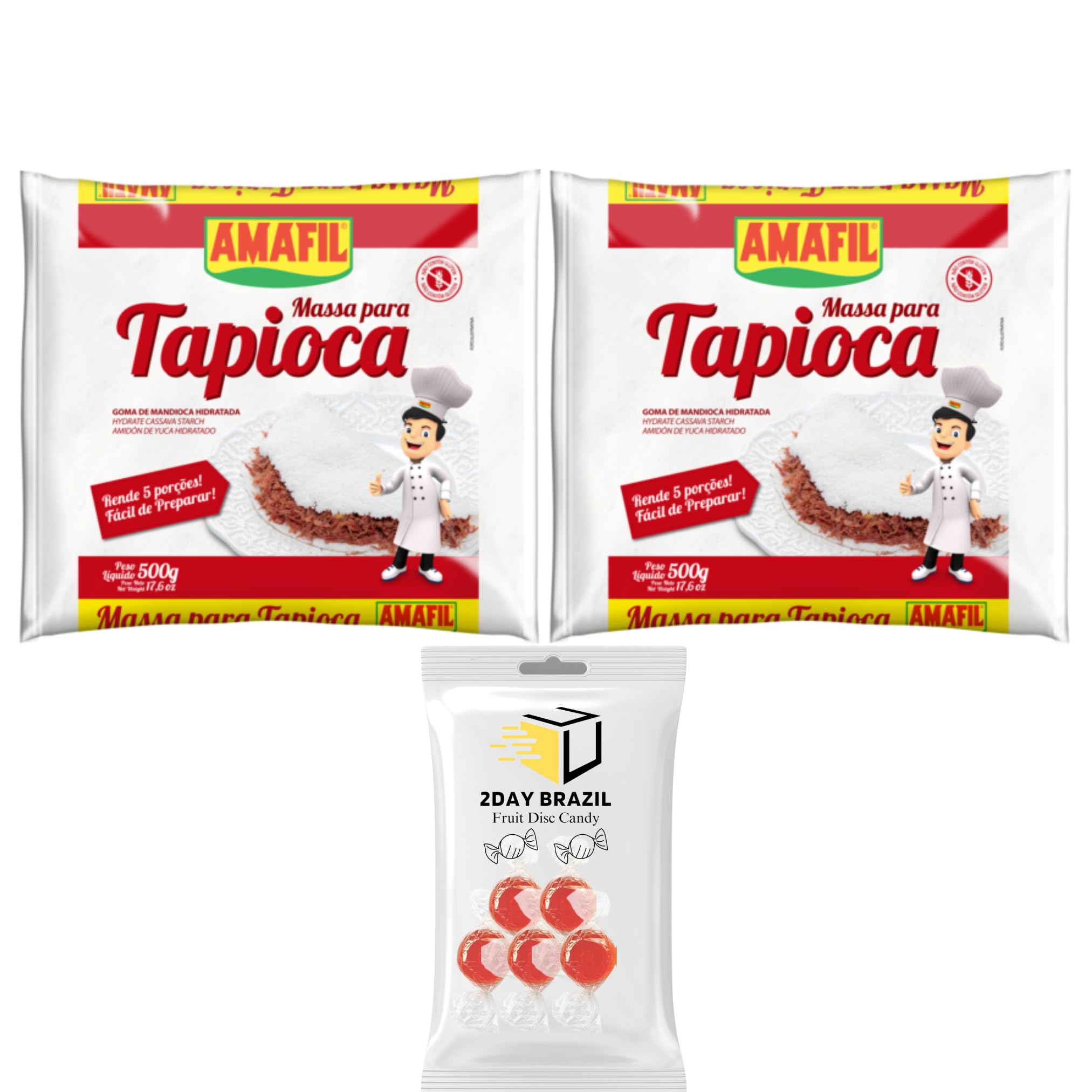 Amafil Tapioca Flour 500g 17.6oz Massa Para Tapioca (Pack of 2) Bundle with 2Day Brazil Fruit Disc Candy
